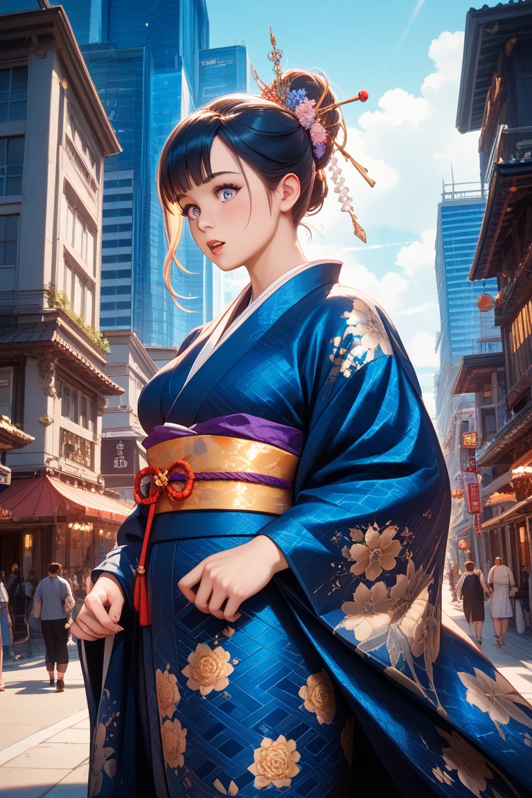 (perfect anatomy:1.2)(absurdres, highres, ultra detailed),masterpiece,best quality,high resolution,8k,Realistic face,Realistic skin texture,magnified textures, stunning clarity,detailed anime girl,(ultra detailed eyes and face),(14 years old:1.2),(baby face:1.2),japanese girl,floral printed blue yukata,、(very short hair, two side up:1.4)、tareme,light brown hair:1.2,kanzashi、glamor、short stature、(Impatience:1.4)(hurry:1.5)(bust up:1.4),Steampunk in the Edo Period、(Vivid hieroglyph signs and street advertisements:1.2)、,autumn、hieroglyph,souk、Shopping Street、Ancient Egyptian statues,reaching out,(tanned skin:1.3 ),big breasts,look up viewer,round face,Shoulder Bare,(from front:1.2),cleavage cutout,running