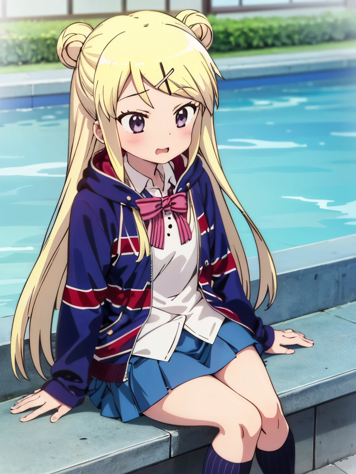 1girl with thick thighs in a miniskirt sitting poolside solo KUJO KAREN UNION JACK JACKET, STRIPED BOW, WHITE SHIRT, LONG SLEEVES, PLEATED SKIRT, BLUE SKIRT, KNEEHIGHS Loss of Appetite 、nausea、Karen's face, knees, and thick thighs