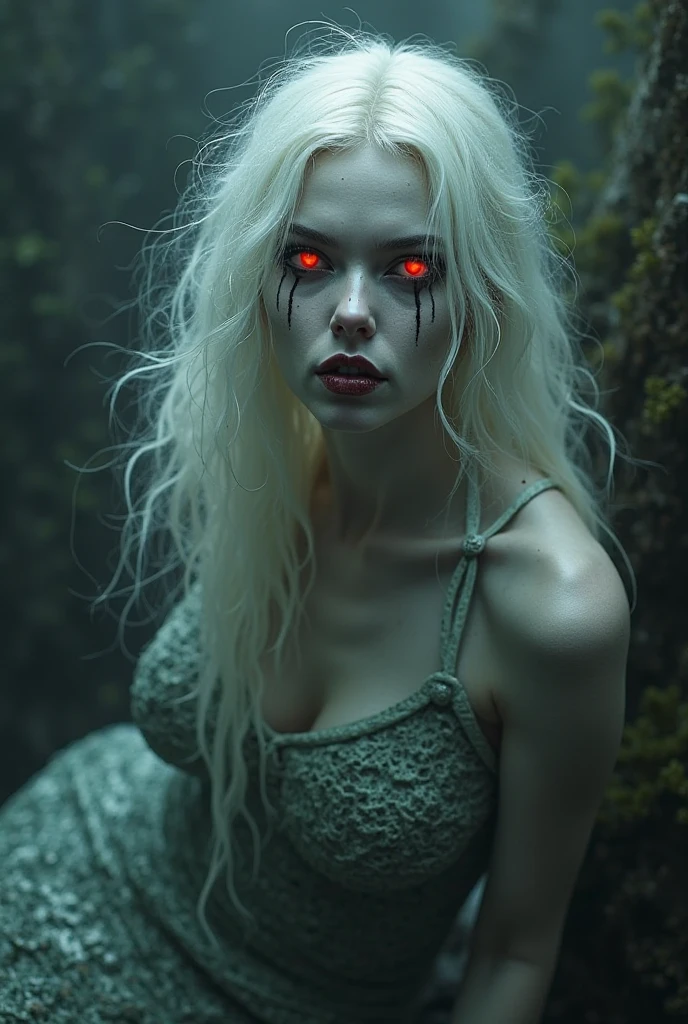 Fashionable of androgynous alien looking witch wearing veil, glowing eyes, beautiful evil slavic muscular woman, pale skin, long dark blond hair, light smile, futuristic design, minimal details, givenchy, photoreal, 200mm, hd, f/ 2.0, sitting in a gloomy spruce forest, highly detailed, surreal , drop dead, in the style of red and blue, (intricate details, hyperdetailed:1.15) (skin texture:1.2), cinematic, professional, 4k, (((dynamic model pose))), full body, mesmerizing, dynamic, dramatic, sensual, dynamic pose, highly detailed skin with hair, subcutaneous veins, light and shadow play, highly detailed,24mm photograph, film, bokeh, professional, 4k,