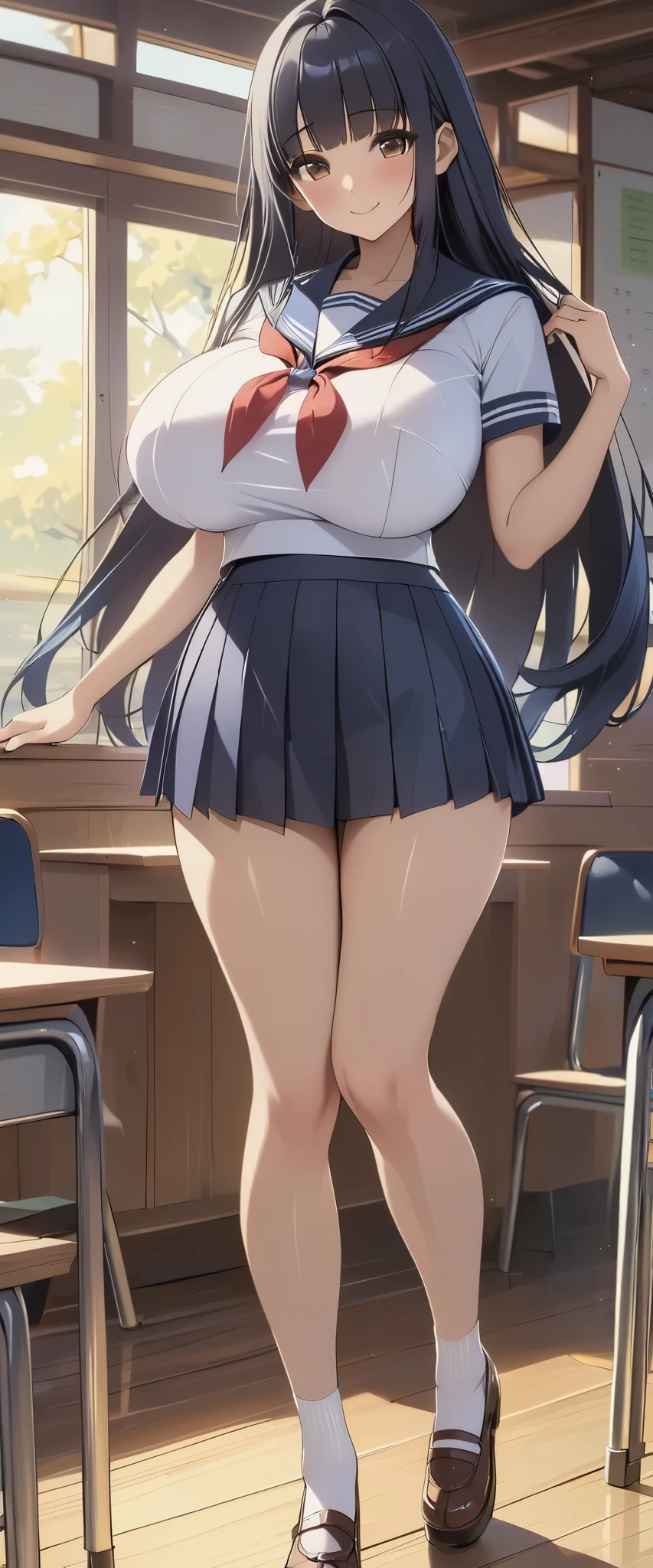 (master piece, best quality, detailed, absurd:1.2), Japanese Woman, high school girl, (Long dark blue hair, Boring bangs), beautiful character design, perfect face, have beautiful eyes with great attention to detail, brown eyes, Smile, (sailor suit,sailor skirt), (垂れた huge breasts:1.0), thin waist, In a classroom where no one else is, orbital space, (full body:1.2)