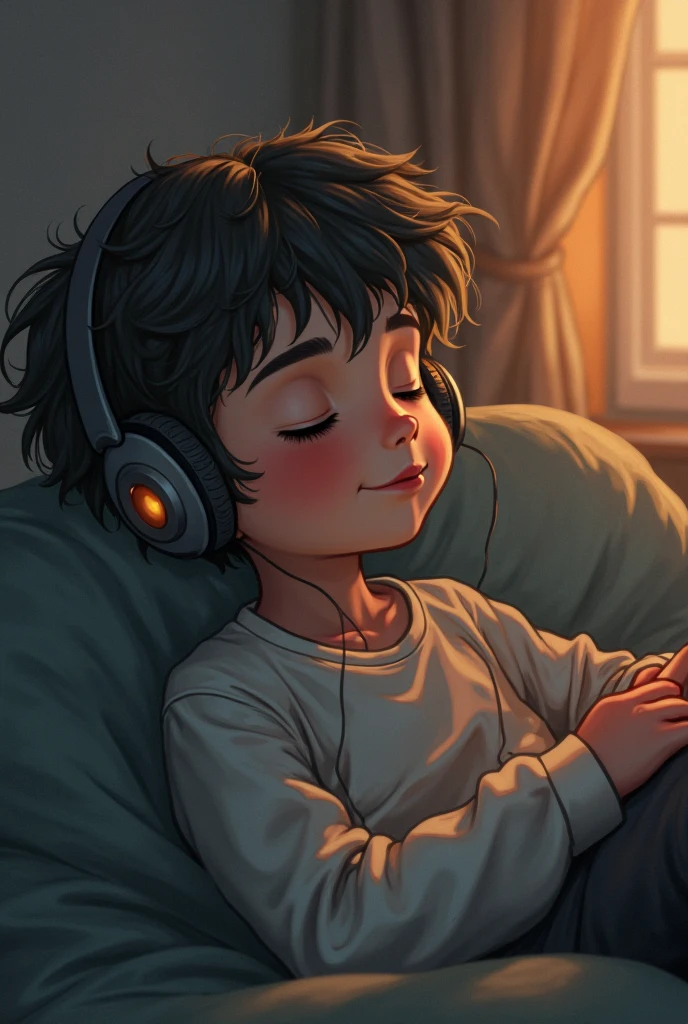 night、Listen to music in a cozy room, Using headphones, 2D-style animation, Lo-Fi, Very detailed, High resolution
