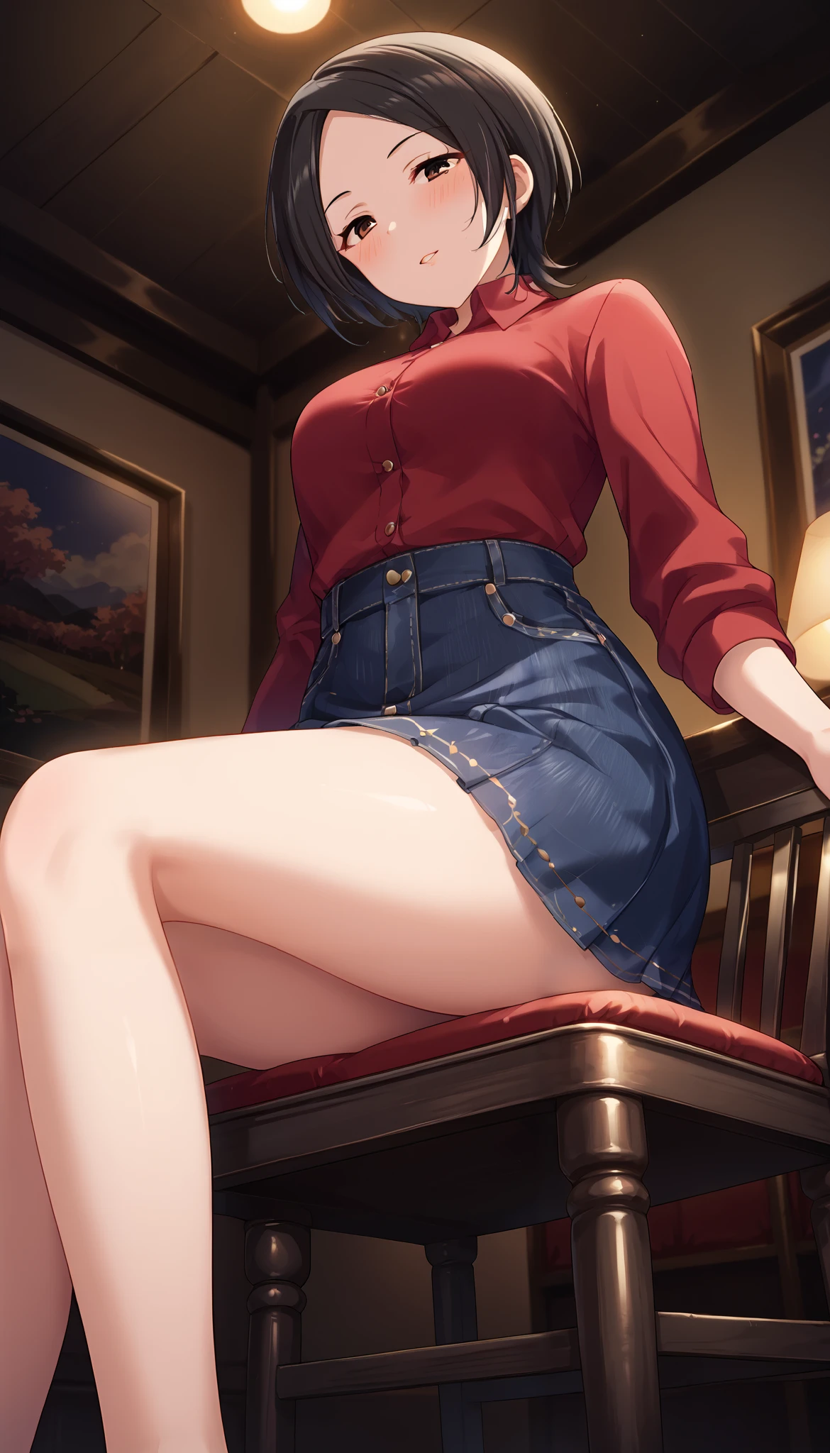 Tougou Ai、 red shirt、denim tight skirt、room、chair、(((low angle)))、((Close-up))、night、 Ulchan-6500-v1.1, ( RAW photos :1.2),  beautiful detailed , very detailed目、Brown Eyes 、 The file size is large, High Resolution, very detailed, Highest quality, [masterpiece:1.6], Awareness-raising, very detailed, CG, finely, Highest quality, 8K wallpaper,  Perfect Body 、躍動感、very detailed、short hair、 black hair、blush、Slim and beautiful thighs、Bare legs