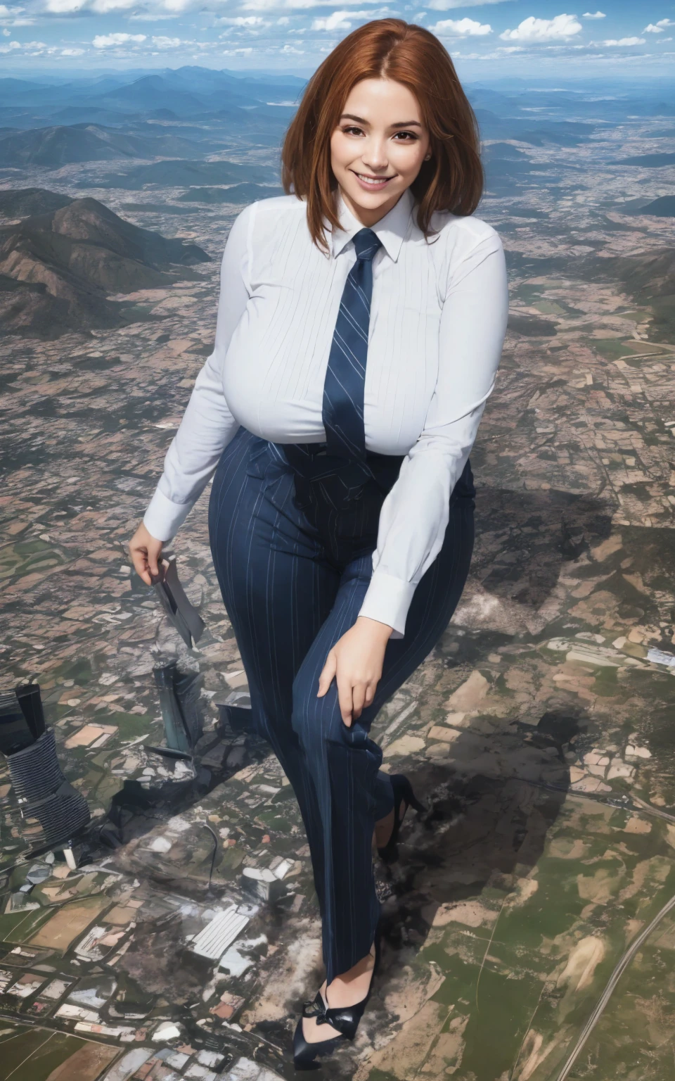 ((Meisterwerk)), (Best quality), (detailliert), (1girl), (innerer Datenstrom) Hellblaues Farbverlaufshaar, hellblau leuchtende Augen, glattes Haar, wearing a modern white shirt and a black dress, breasts are free giant belly turned into a giant taller than buildings