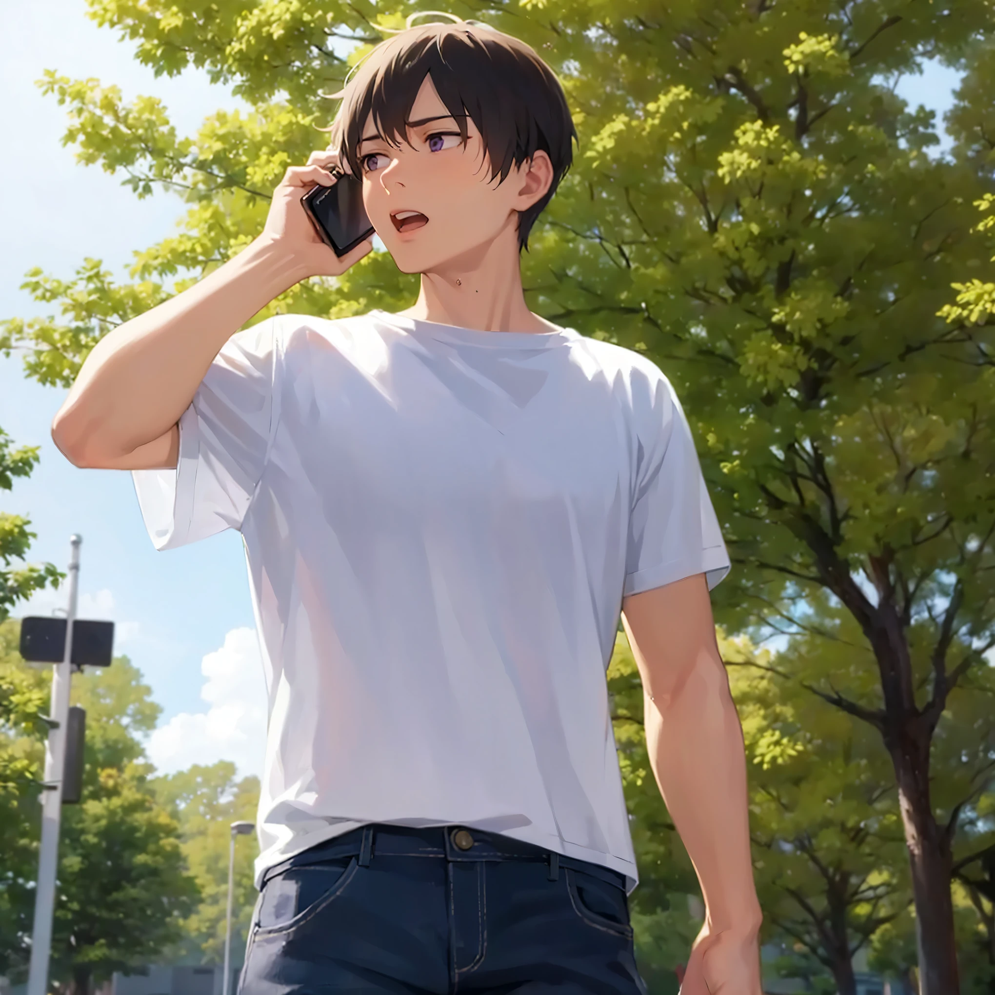 standing, (looking away:1.5), talking on phone, masterpiece, best quality, Japanese manga style, upper body, (25 year old male: 1.5) and (short light brown hair) and (purple eyes), BREAK (white T shirt) and (jeans), BREAK (worried:1.3), open mouth, in the park, alone,