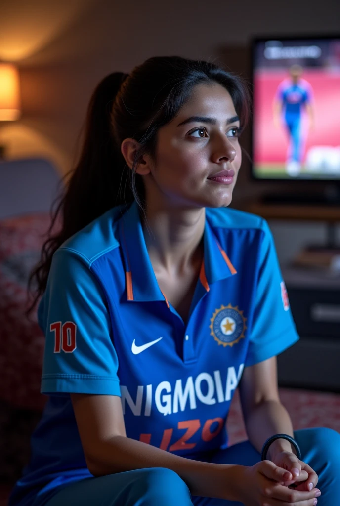 Pront: Indian Cricket Team T shirt with name "TheRoheet" and number "07" watching Match on TV.A Indian T shirt