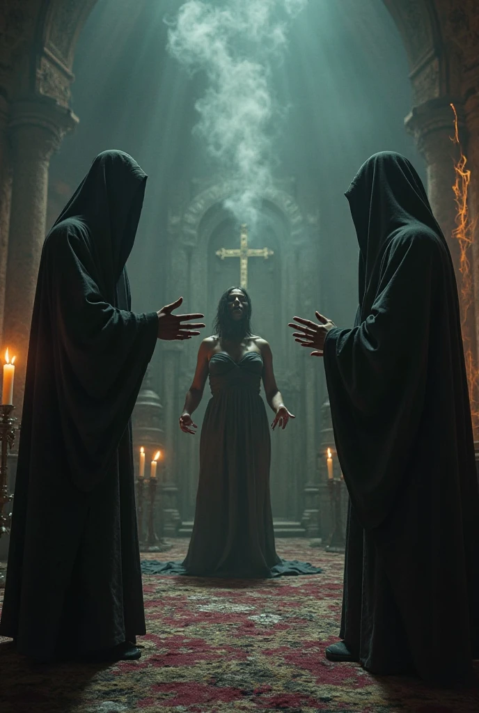 (very sharp result, cinematic desaturated photo) (((dramatic shading))), (((Best Quality))), (((masterpiece))) (((hyper realistic photo))) in starwars universe, gloomy sacred horror magical mood, dramatic backlight shadow, wide view of a sith temple, gothical room ambience, there`s many high priestess japanese girl in black cult hoodie, during a sacrifice ritual, pale skin, mysterious sinister bright red eyes sit at the centre of ritual altar, surrounded by high priestesses