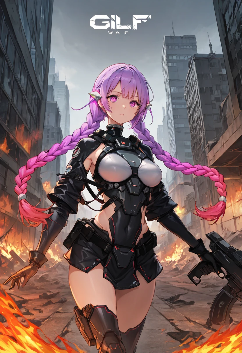 Young woman of anime, curvy, thick thighs, large breasts, beautiful face, soft face, evil smile, white blouse with blood stain, long pants of red color, boots of black color, bloody knives in the hands, hair in ponytail, straight hair, hair of lilac color, white locks in the hair, violet colored eyes, white skin, dark hall scenery.