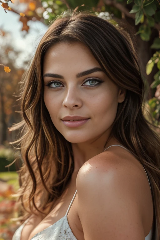 closeup portrait of a young sexy Ukrainian woman with revealing Fit and flare dress in Spa retreat , symmetrical face, Outdoor lighting, Brooding atmosphere, sharp eyes
