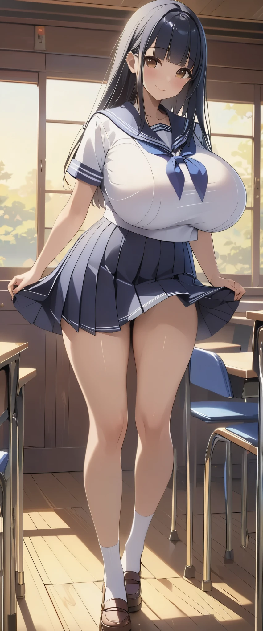 (master piece, best quality, detailed, absurd:1.2), Japanese Woman, high school girl, (Long dark blue hair, Boring bangs), beautiful character design, perfect face, have beautiful eyes with great attention to detail, brown eyes, Smile, (sailor suit,sailor skirt), (垂れた huge breasts:1.1), thin waist, In a classroom where no one else is, orbital space, (full body:1.2), ( from side:1.2)