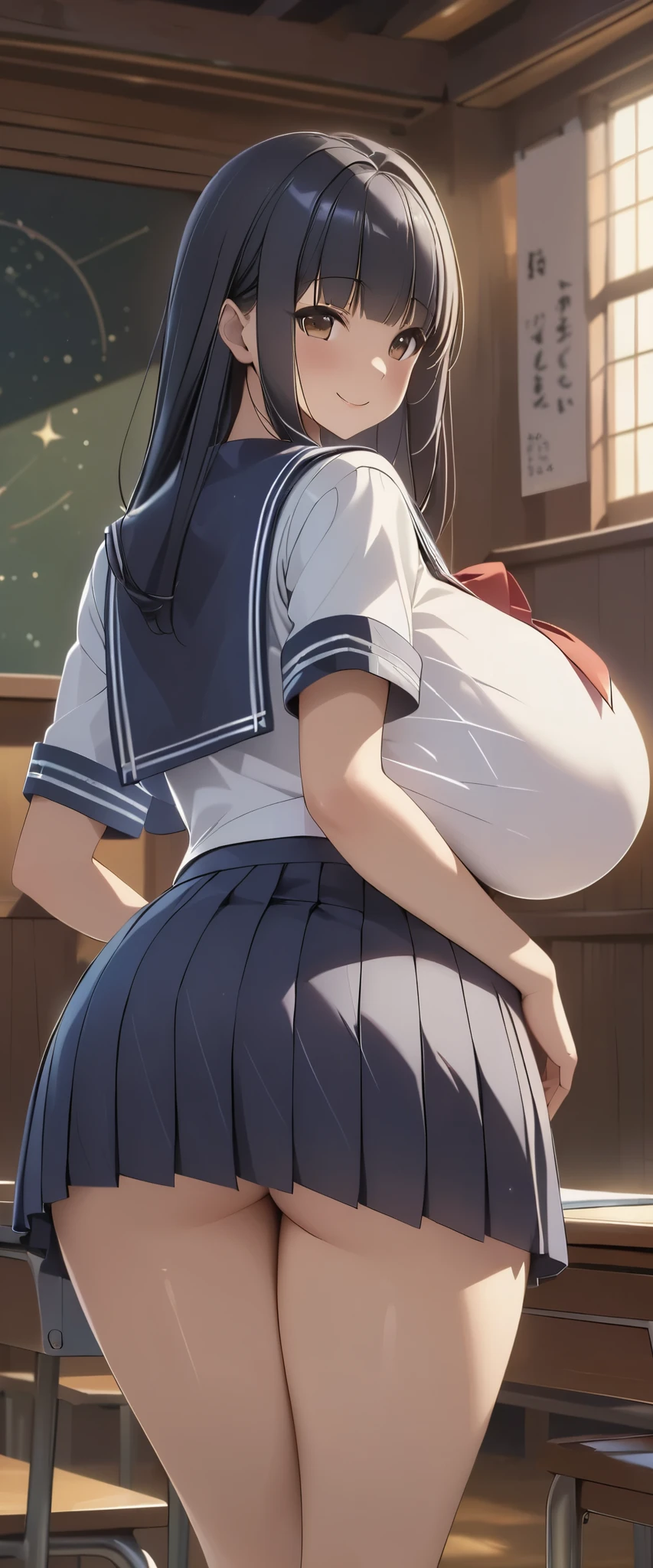 (master piece, best quality, detailed, absurd:1.2), Japanese Woman, high school girl, (Long dark blue hair, Boring bangs), beautiful character design, perfect face, have beautiful eyes with great attention to detail, brown eyes, Smile, (sailor suit,sailor skirt), (垂れた huge breasts:1.1), thin waist, In a classroom where no one else is, orbital space, (full body:1.2), (from behind:1.2)