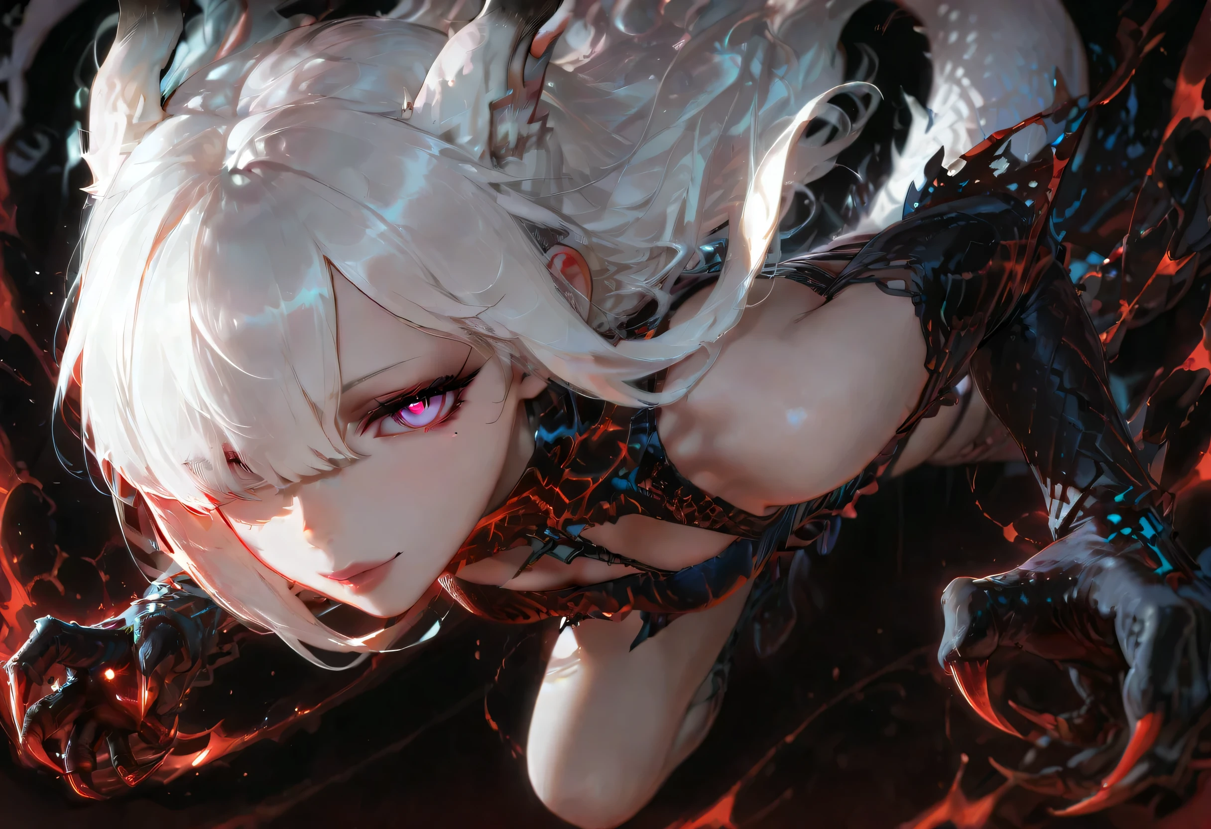 masterpiece, best quality, good quality, very aesthetic, absurdres, newest, 8K, depth of field, focused full body subject, dynamic sexy pose, full body 1girl, solo, platinum from arknights, hair over one eye, fingernails, eyelashes, full lips, mole under eye, Pale white skin, makeup, half-open eyes, lipstick, mascara, realistic, Cinematic Lighting, bare shoulders, solemn look, looking at viewer, shadowy black background, incredibly sexy, seductive, detailed eyes,A (((nekomimi))), with (((red, black, and white hair))), flawlessly smooth skin, and (((sharp, bright dragon eyes))), that exude an (attack-like posture), extending a (((dragon claw))) towards the viewer, in a (vividly detailed nekomimi silhouette) that appears to be (scaled for high speed), against a (distinctly dark backdrop), with (crisp, full-color rendering) that gives off a (proud, powerful aura), digital painting, anime,