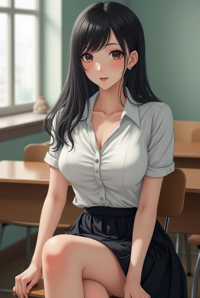 (masterpiece:1.2, best quality), (real picture, intricate details), 1lady, solo, upper body, showing legs, sitting down, school, school settings, long hair, minimal makeup, detailed face, smiling, really long black hair, bangs, hair between eyes, green eyes, big plump breasts, big ass, SFW, clothes, , school skirt, school t-shirt, PROPER school clothes, (school classroom), (school), (cute), (innocent)