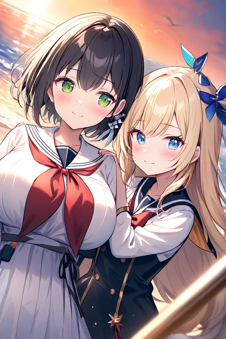 Two girls(( character for V21(long hair、blonde hair、Big Breasts、 green eyes、Fleeting、A pair of ribbons on the left and right)can be hugged from behind、Hold the hand that was turned、peace of mind、peace、close eyes)))、(( character for V22(short hair、 black hair、 small tits、 blue eyes、Rin々Shii、Compassion) Hugs a Woman from Behind 、Put your hands around your shoulders from behind))、Under the sunset sky、sailor suit( pale pink)、Dutch Angle、