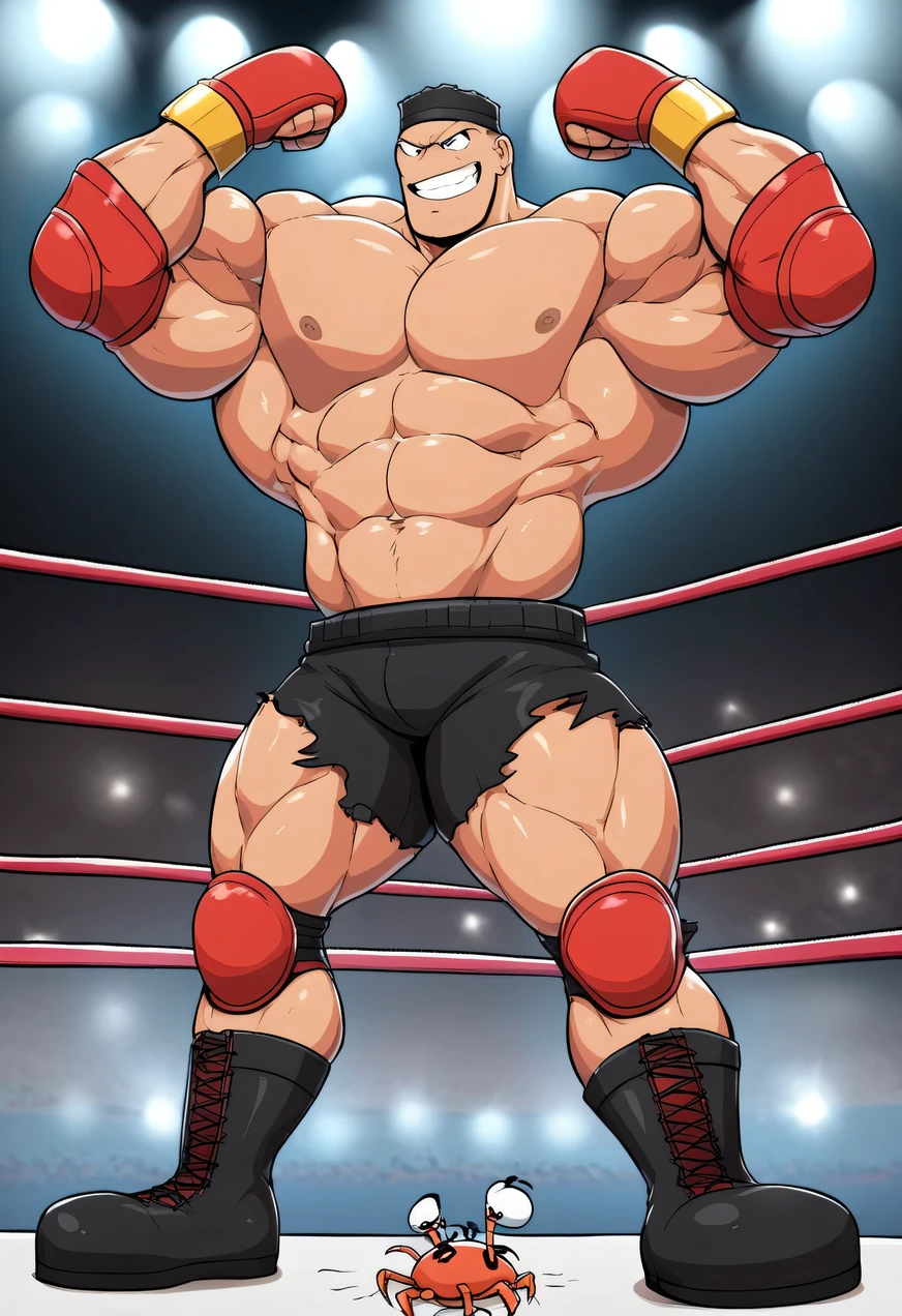 Cartoon lobster dressed like WWE wrestler Bobby Lashley.

Cartoon lobster body. Cartoon lobster head. Cartoon lobster face. Cartoon lobster arms. Cartoon lobster claws, macro size.

Bold. Muscular.

Black headband. Red wrist tape. Red elbow pads. Ripped Black shorts. Black kneepads. Black wrestling boots. Golden bracelets.

Standing with arms flexing his powerful muscles in a wrestling ring.