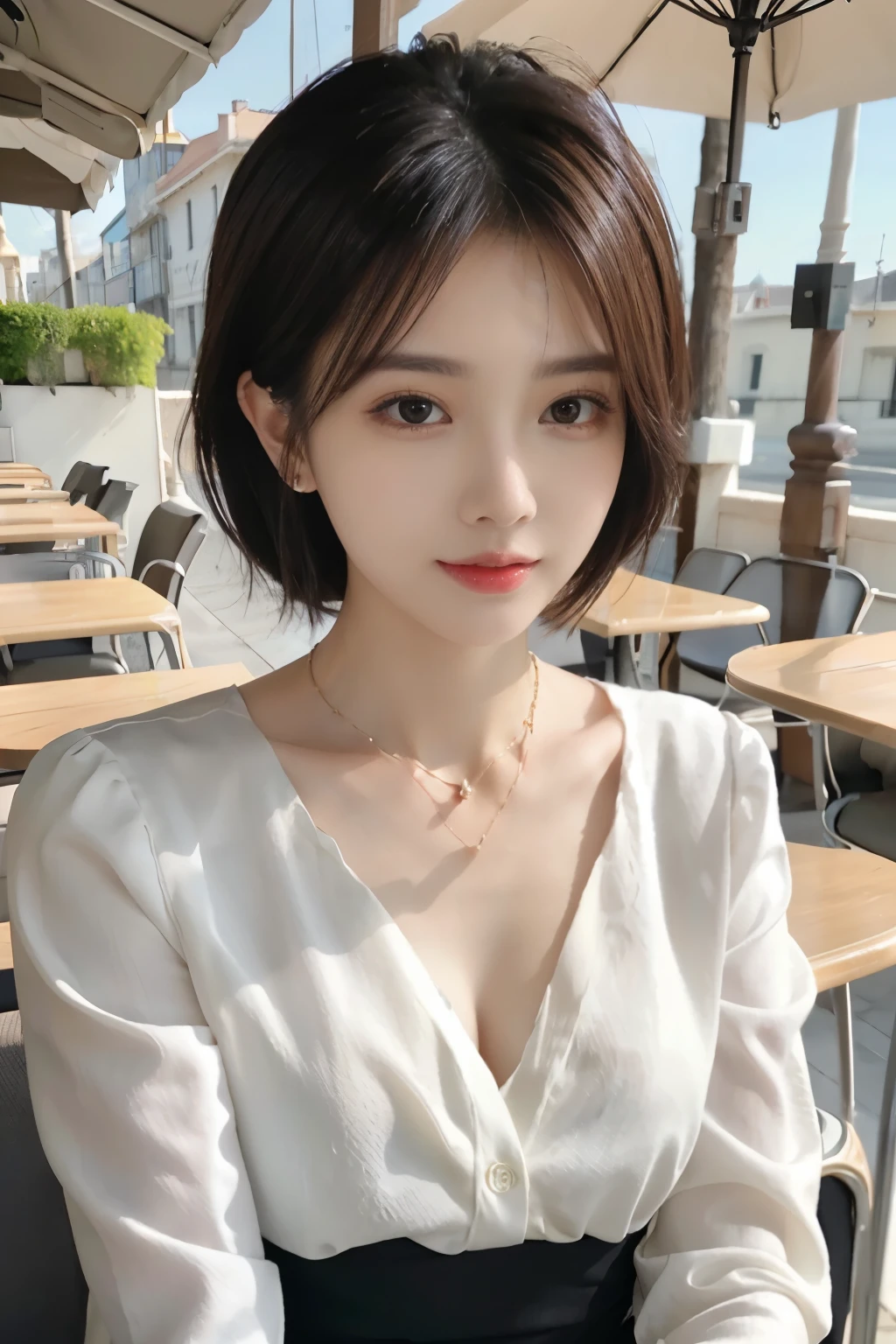 highest quality, masterpiece, Ultra-high resolution, (Reality: 1.4), Original photo, One girl, Nurse uniform, Cinema Lighting, Big Breasts, Cover Chest,　Bobcut