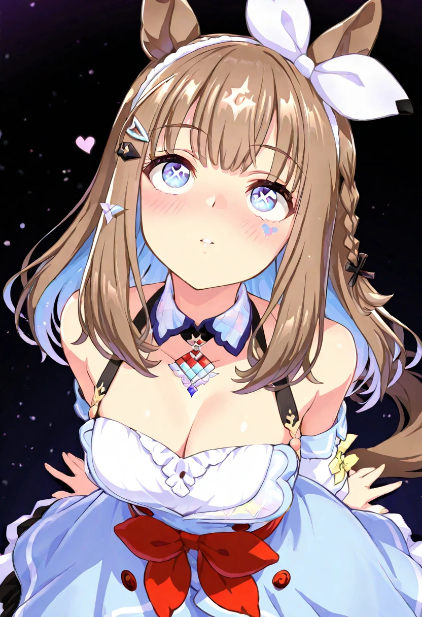 A masterpiece of a mature woman with big breasts, dressed in a pastel pink Japanese maid cafe outfit, with studio lights and beautiful shading, featuring kawaii elements like cow ears and pastel pink spots on ears, cute pastel colors, pastel blue rainbow hair with highlights, decorated with hairclips, ornaments, stars, hearts, and a cowbell. The image should have ultra detailed and best quality, with cinematic lighting and an adorable, decora style with many accessories.