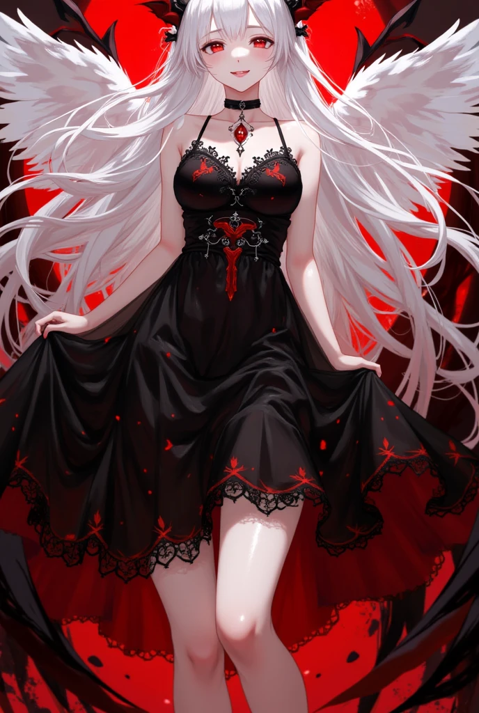 HD,masterpiece, best quality, very detailed, high resolution, expensive resolution, high resolution, 4K, 8k, Unity 8k wallpaper, highly detailed CG, masterpiece, 2D, 3D, beautiful details, depth, fine texture, best quality: 1.3, perfect focus, crispy skin, he, Very cute anime girl,Midnight, red moon, altar isle, falling petals, flying butterflies, ((full body portrait)), 1girl, solo, camilavtuber, silver hair with red hightlights, longcurly hair, red eyes, slim arms, black arm sleeves, black gloves, medium chest, 1devil wing, black long gown, high slit gown, slim legs, black stockings, black high heels, close up, innocent pose, Eye-Level Shot, front view, innocent pose, smile