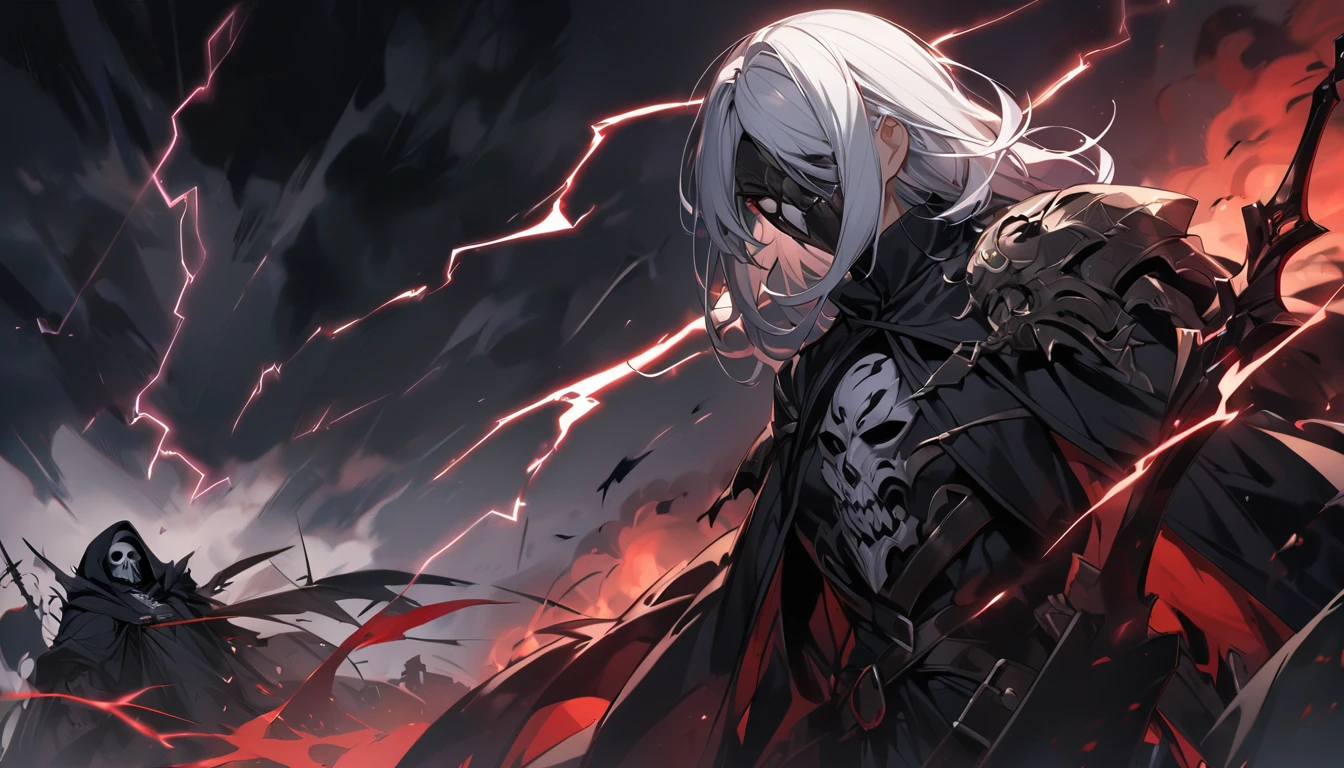Smog blue long hair,red - eyed,Indifferent eyes,The demeanor is cold,blood stain,bandagens,black glove,Leather bandages,wind coat,Hard clothes,aloof temperament,Detailed character design drawings