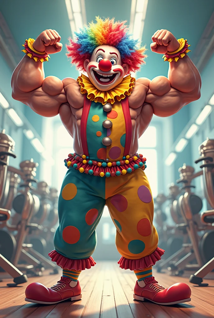 Hyperrealistic image of a smiling gray-haired bodybuilder clown superhero, very old and very sweaty, more than 80 years, very muscular and fat, more than 200 kilos with a naked torso, large and flaccid pectorals, brown nipples and big gray mustaches with huge tattooed arms surrounded by lots of balloons dressed in colorful rhombus clown pants and a huge rainbow afro wig on his head