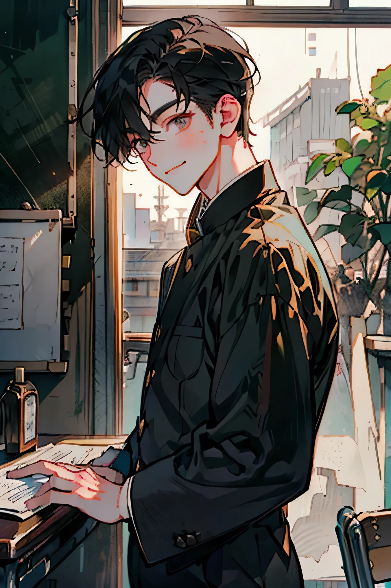 Japanese man handsome short dark hair Shaved head Shaved head adult short cropped smile In the classroom Outside the window is a city of the future School of the future Black school run school uniform Black school run sportsman type Fierce 顔がより大きくPortrait of a mysterious woman surrounded by Portrait of a mysterious woman surrounded by