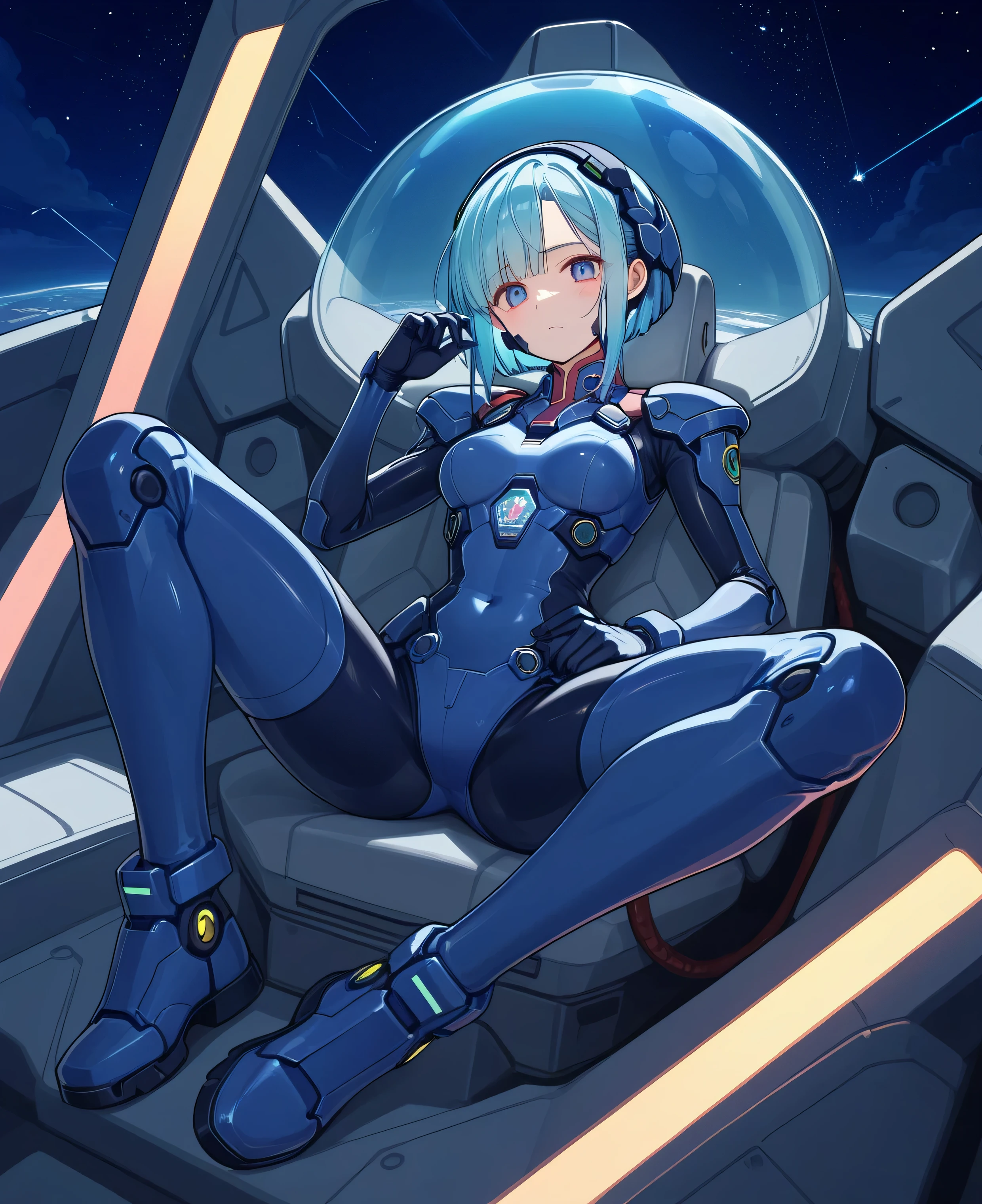 ((Holographic Glow Effect))、 Gundam Wing Cockpit, Lantern、masterpiece、Highest quality、1 person、medium bust、((Album Cover))、Light on Face、slender body、white and blue pilot suit with enamel finish、 elbow length gloves 、long hard boots 、exoskeleton、Metal Gear、cyberpunk style、Gundam Pilot、attention arousal、 bubble helmet 、 space helmet, muvluv, space helm, eva helm,Transparent face guard,Complex and precise instruments,full body