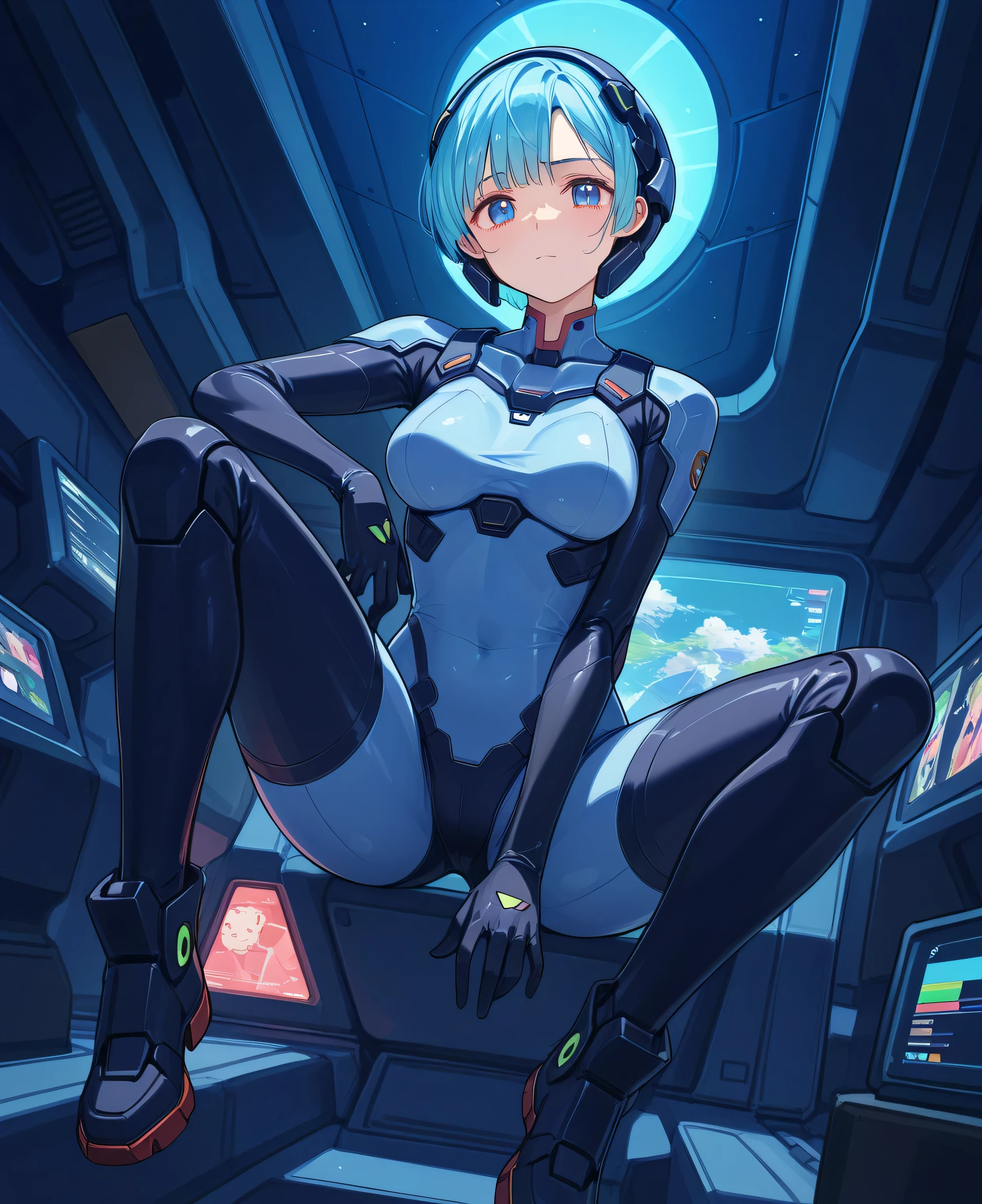 1girl in,Solo, shorth hair,multicolored hair ,Light blue eyes, Curve,Humanoid robot, joints, 机器人, Robot joints, shiny, Shiny skin, thighs thighs thighs thighs, 机器人, Humanoid robot, Robot Girl,Smile, (window:1.4),Science fiction,Short shorts ,sleeveless jacket ,科幻小说 ,factories,Floating monitor,retrowave, (Background space,planet,Sun,Galaxy,Star,Earth),spaceship interior