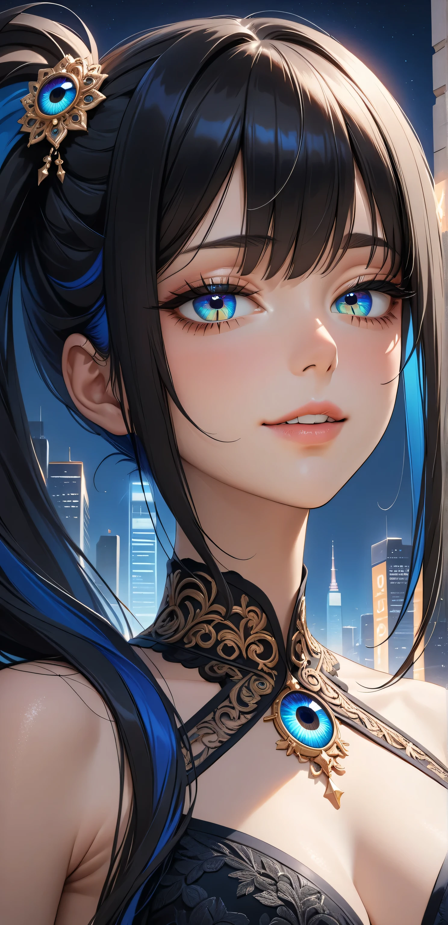 Close up, upper body, Random Sexy pose , ((Ultra detailing)), ((very aesthetic, best quality, ultra detailed)), intricate details, 1girl, ((long hair, Black hair, Side ponytail, blue inner hair)), ((Multi colour eyes)), ((Detailed eyes)), ((Beautifull eyes)), ((prefect eyes)), ((Ultra detailing eyes)) ,Medium breast, sharp jawline, seductive smile,,(( dress)), night city scape