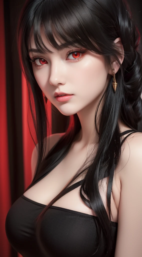 (highest quality,High resolution),(realistic:1.37),dark,goth,woman, eye,detailed face,black clothes,bob cut black hair,straight bangs,pale skin,red lipstick,intense expression,mysterious atmosphere,gothic background,thin dark lighting,night,Bright colors, fishnet, topless, whole body, on her hands and knees, Obedient girl, thick thighs, Impending deepthroat, Cumshot pose,