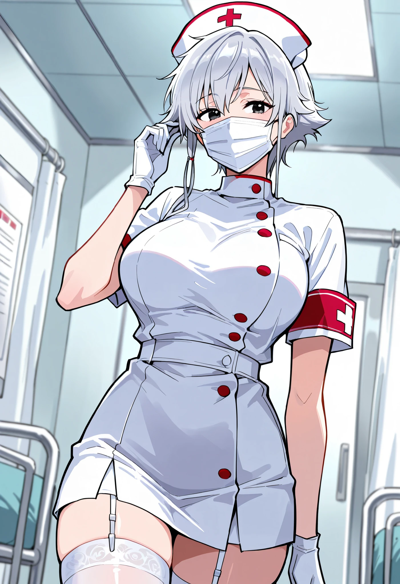 Score_9, score_8_up, score_7_up, source_anime, is4ne, solo, silver hair, short hair with long locks, black eyes, large breasts, (best quality), (high quality), {masterpiece}, extremely delicate and beautiful, ultra-detailed, beautiful detailed eyes, nurse, nurse hat, ((white nurse's outfit)), white gloves, white thighhighs, hospital room, ((white surgical mask, covered nose)), standing