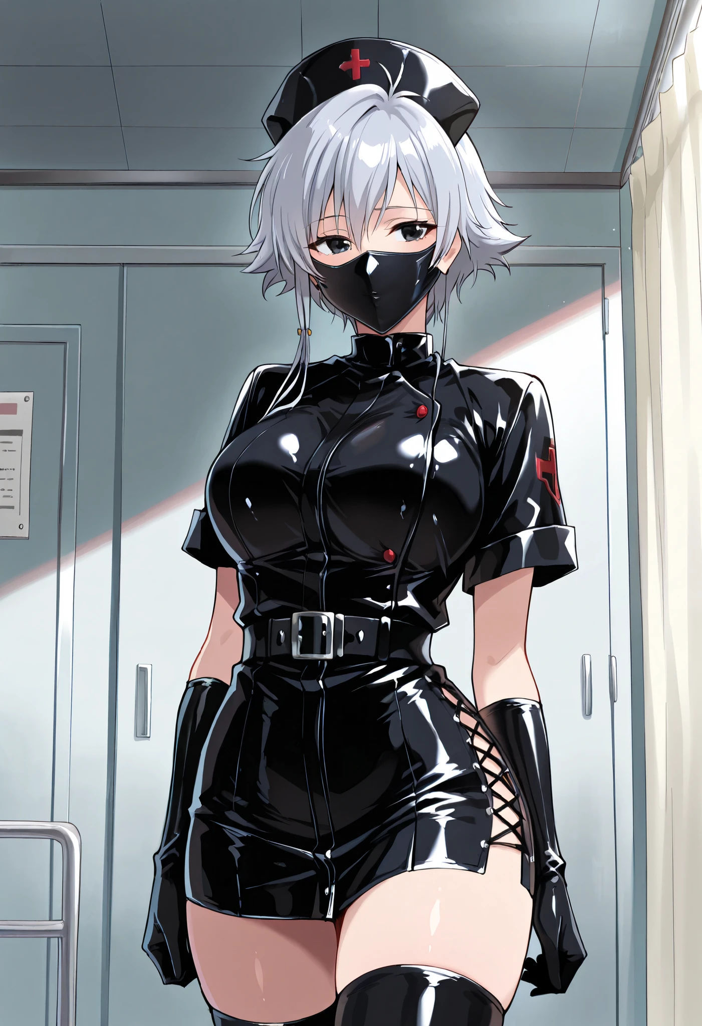 Score_9, score_8_up, score_7_up, source_anime, is4ne, solo, silver hair, short hair with long locks, black eyes, large breasts, enamel leather dark nurse, latex dress, black latex gloves, black latex legwear, latex, latex skirt, (best quality), (high quality), {masterpiece}, extremely delicate and beautiful, ultra-detailed, beautiful detailed eyes, nurse, nurse hat, ((black nurse's outfit)), operating room, black rubbermask, mask, mouth mask, standing