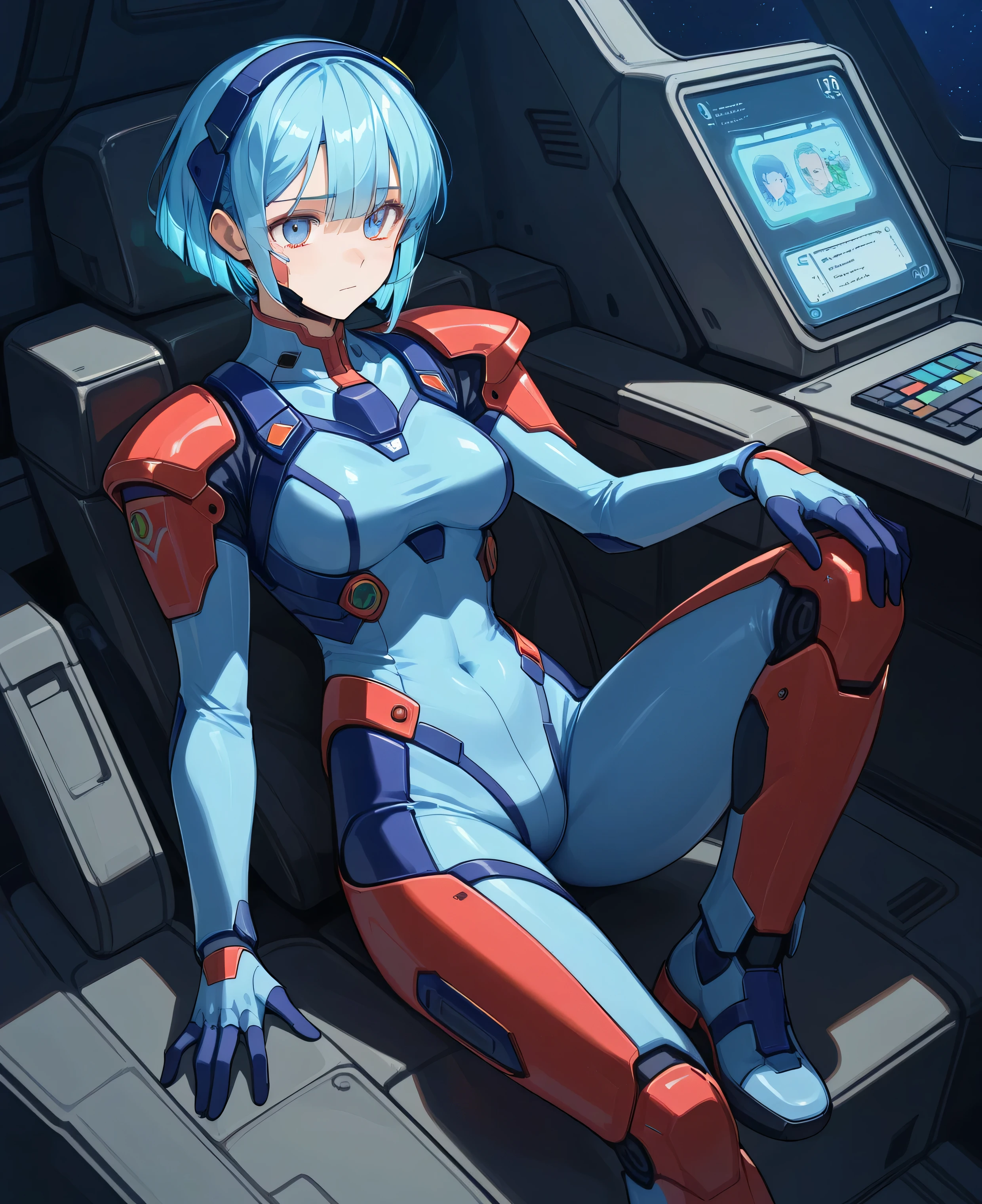 (((masterpiece、Highest image quality、highest quality、highly detailed unity 8kwallpaper)))、((Illustration of one girl))、(pilot)、(((blue silver short hair)))、Red eyes、((tall))、(((Muscle Girl、Muscular and strong body、abdominals、muscular and thick arms、muscular and thick legs、stocky build、muscular legs、broad shoulders))))、(((白いpilotスーツ)))、((manspreading、Sitting in the cockpit、armpit))、((space fighter cockpit、The Universe on the Monitor、Earth seen from space))