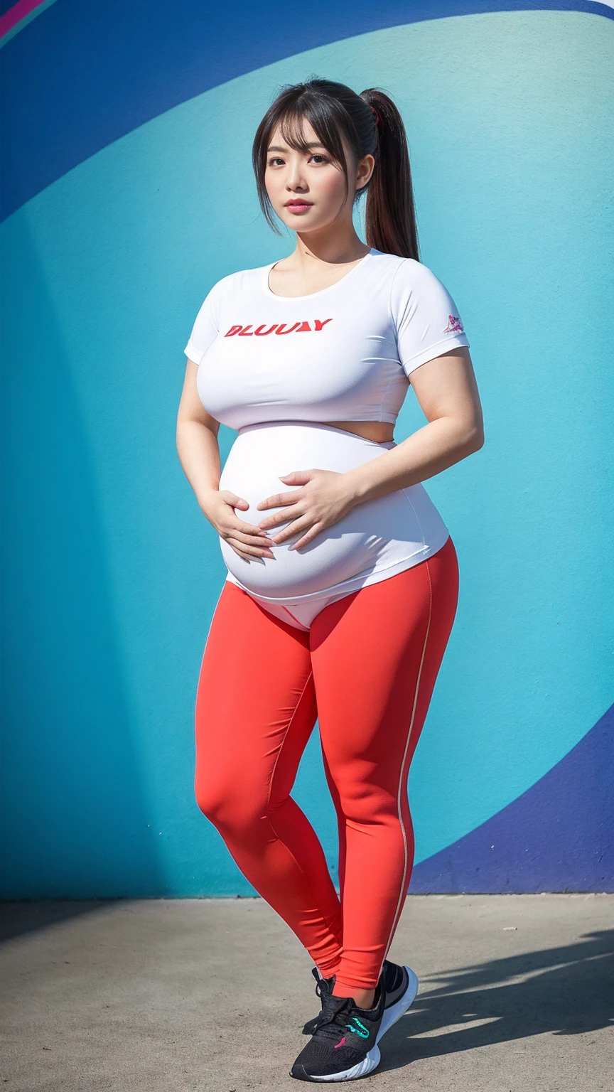 1 mothers, old lady , white hair, tied hair, red lips, red eyes,heavy breasts, big breasts, huge breasts , massive breasts , enormous breasts, juicy breasts, overdue pregnant, ((huge pregnant:1.2)), wearing sport bra and leggings, sports clothes, take a walk in a park, become the center of attention,