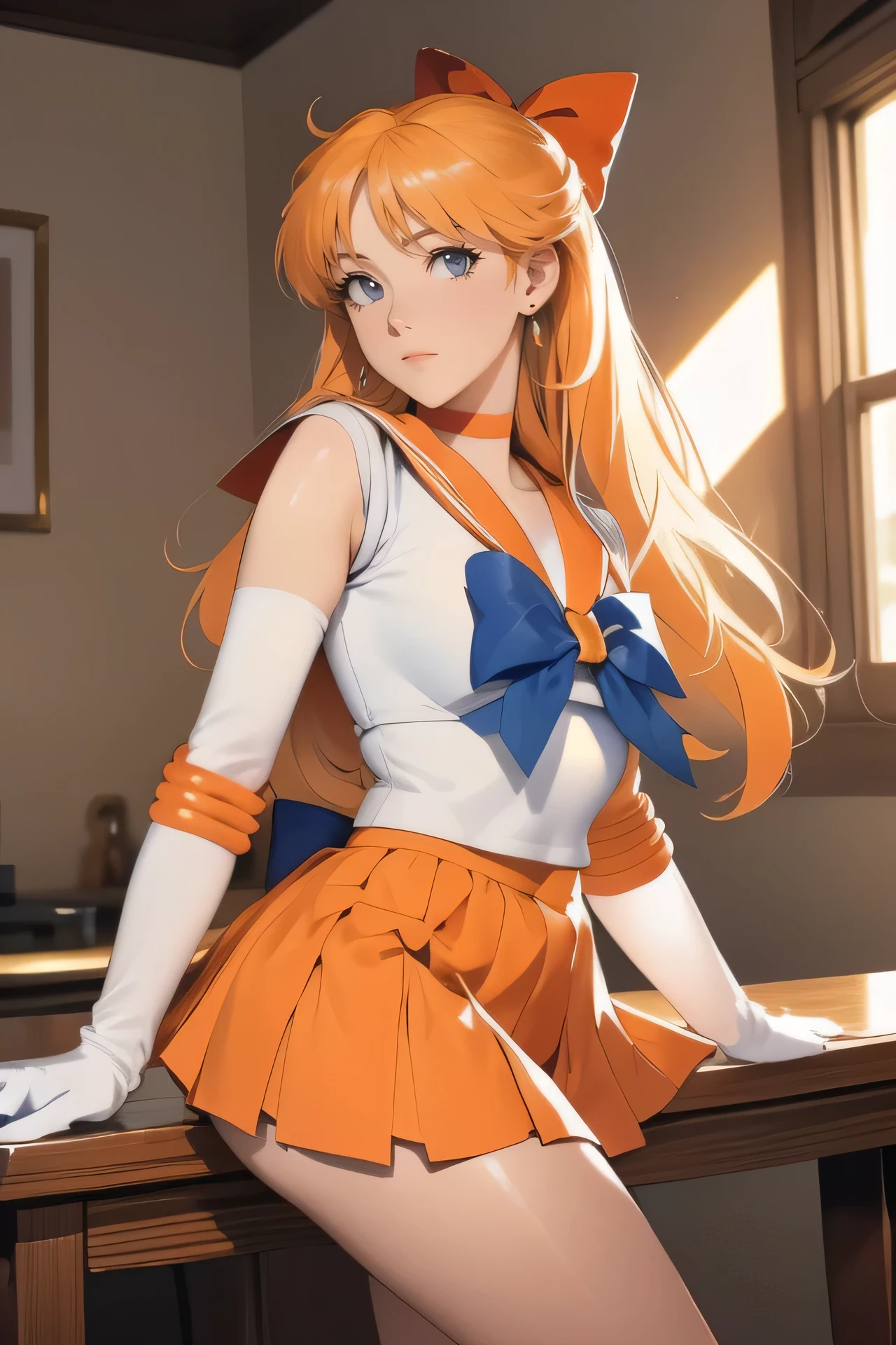 Aino Minako,Minako Aino,Sailor suit, white top, sleeveless, orange necklace, golden hair, perfect figure, long gloves, long sleeve cover, back to the camera, looking back, hands on the table, leaning forward, lying on the table, buttocks lifted, revealing white underwear, orange short skirt, ultra short skirt, beauty, Legs, long hair, tied with a big red bow at the back of the head, masterpiece, perfect figure, high definition, slimmer figure