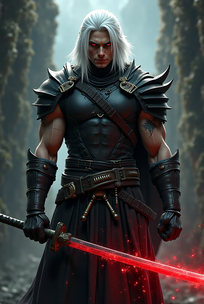 1 white haired man, naked, silver hair, purple eyes, muscular, rey, black and red crown, sword, black armor, short hair, mischievous, naughty face, hard look, Choking smile, Crazy smile, jealous, evil smile, textured skin, Very detailed, retina, high quality, quality, details altos, HD Model, Damaged, detail, The best quality, Awarded many times, necessary, High resolution, masterpiece, anatomically correct,