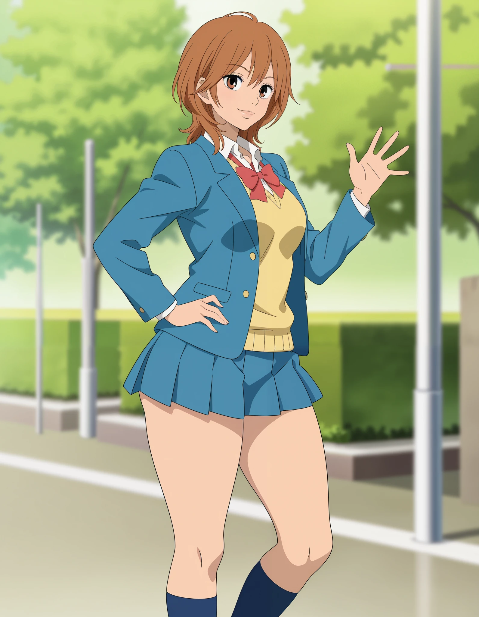 1girl, solo, yano ayane, kimi ni todoke, general, smile, waving, medium hair, brown hair, brown eyes, lips, blue jacket, yellow sweater vest, blue skirt, red bowtie, blue socks, medium breasts, thick thighs, medium breasts, thick thighs, outdoors, anime coloring, anime screenshot, masterpiece, highres, absurdres, very aesthetic, newest, best quality, good quality