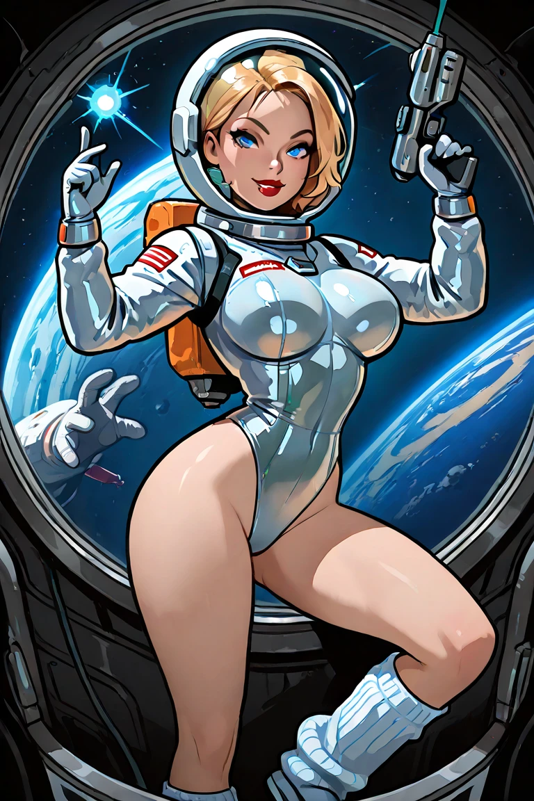 (1girl, solo, sexy standing) ):1.2, (girl is nude, (redhead short hair), (detailed olive eyes), (astronaut helmet), (skimpy silver bikini, silver boots, silver gloves) ), (full body), (scenery spaceship interior), (side view)
