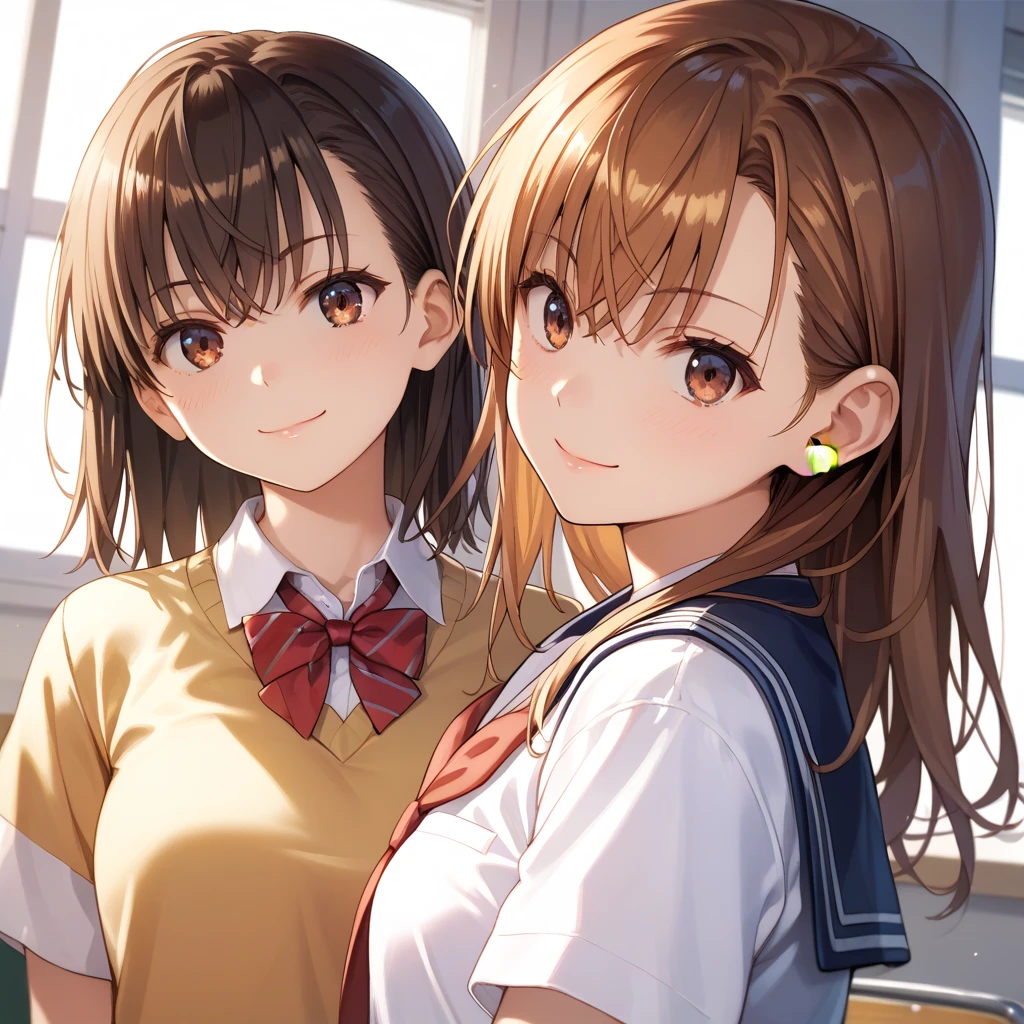 masterpiece, best quality, highly detailed, 8k uhd,perfect anatomy, perfect face, detailed face, detailed eye, source_anime, Misaka Mikoto face close-up, smile , Dutch angle, closed mouth, school uniform, short sleeve shirt, pale orange sweater