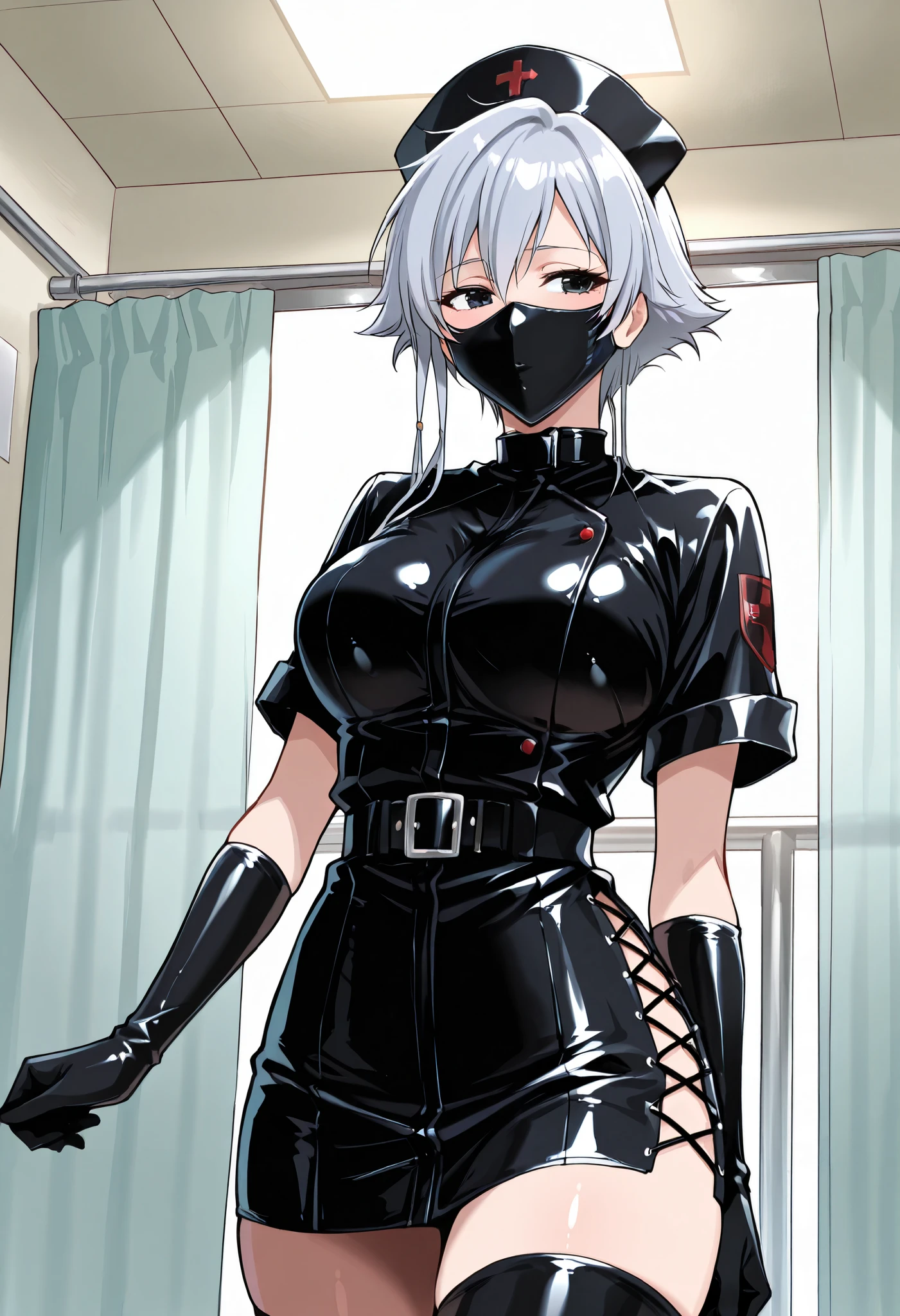 Score_9, score_8_up, score_7_up, source_anime, is4ne, solo, silver hair, short hair with long locks, black eyes, large breasts, enamel leather dark nurse, latex dress, black latex gloves, black latex legwear, latex, latex skirt, (best quality), (high quality), {masterpiece}, extremely delicate and beautiful, ultra-detailed, beautiful detailed eyes, nurse, nurse hat, ((black nurse's outfit)), operating room, black rubbermask, mask, mouth mask, standing