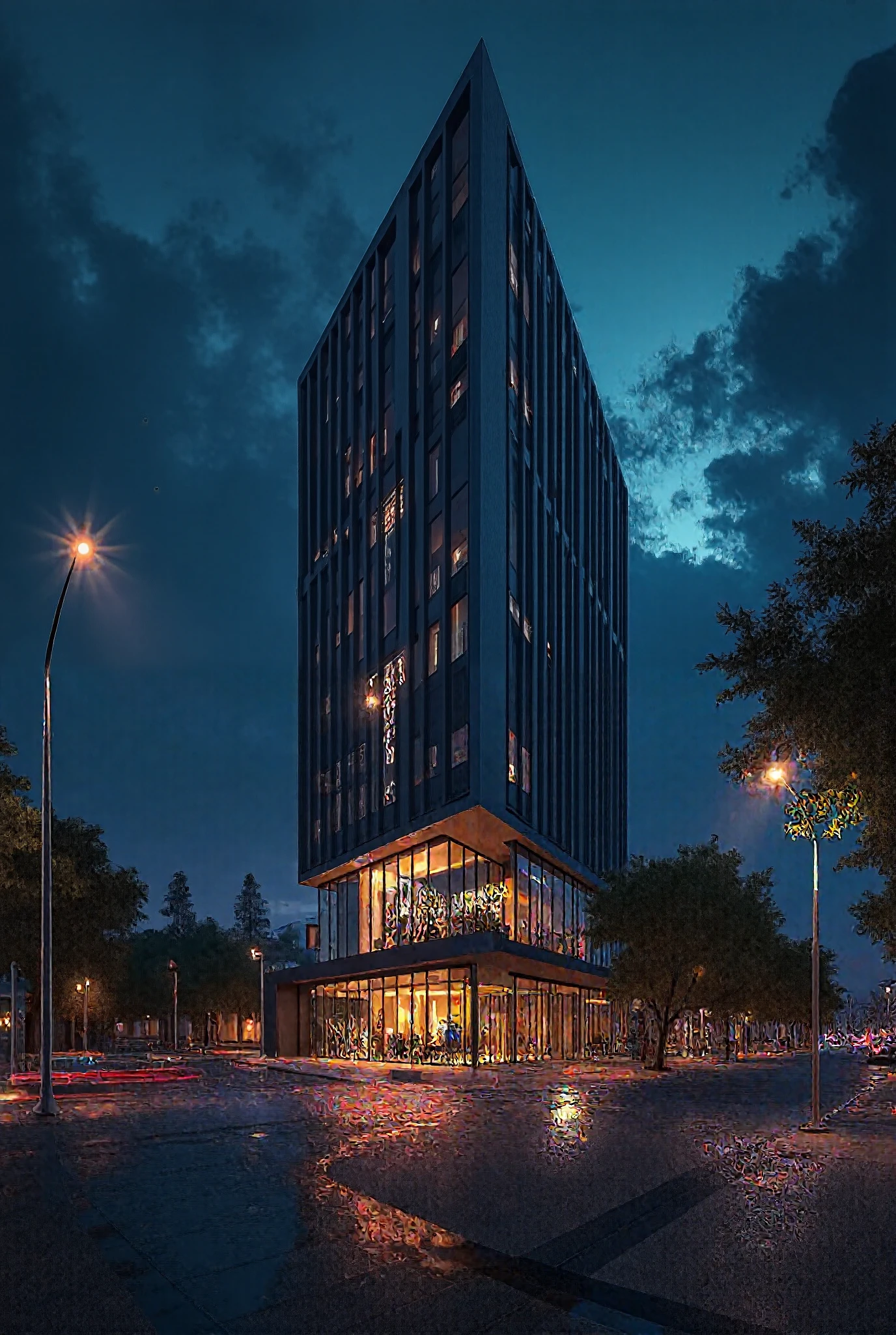 Nighttime view of a building with a lot of windows and lights - SeaArt AI