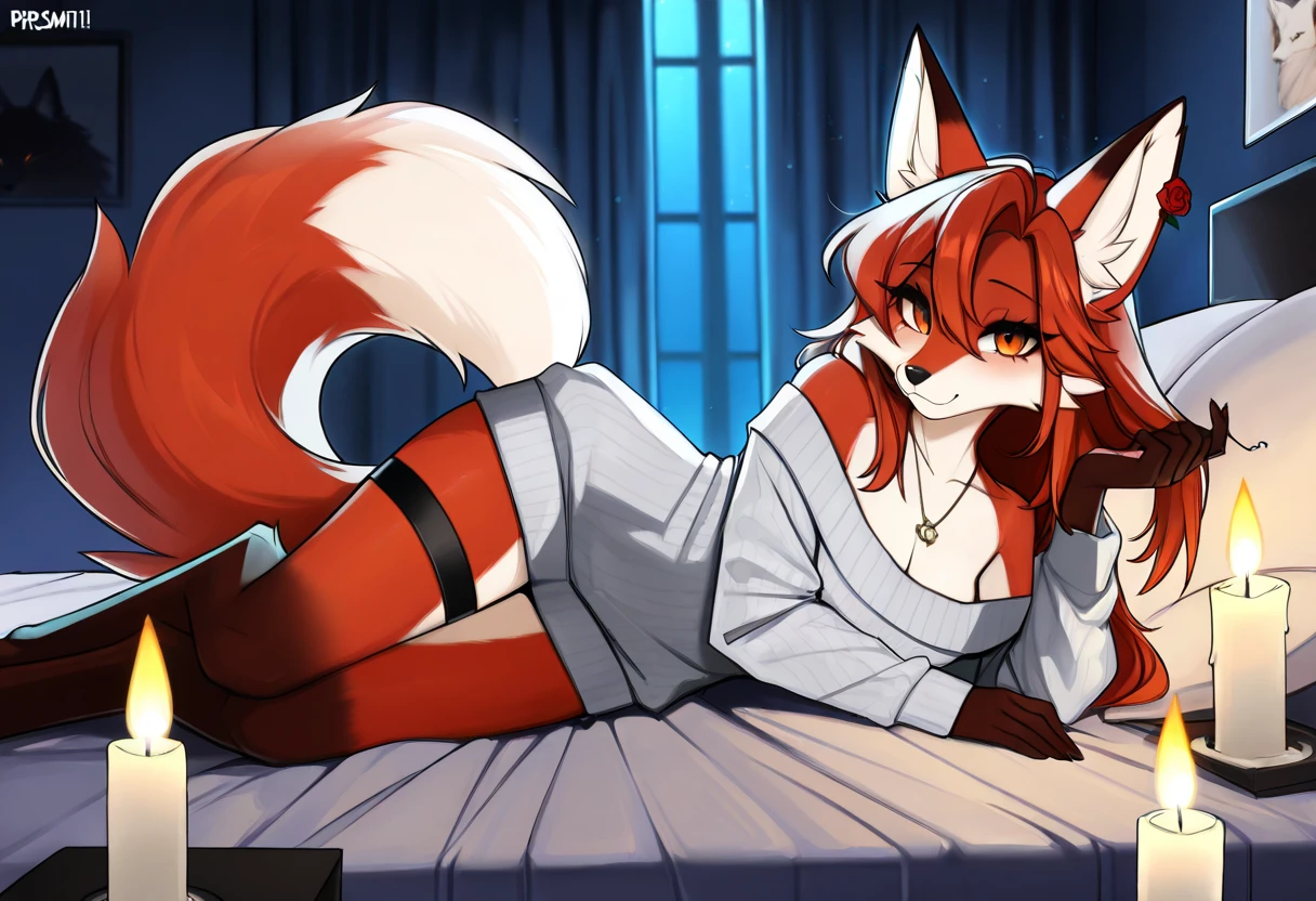 by fluff-kevlar, by ouka, by Kilinah, (((woman, extremely detailed, extremely detailed legs, extremely detailed arms, extremely detailed face, perfectly detailed eyes, perfectly detailed anatomy))): 1.2, beautiful and detailed portrait of an anthropomorphic vixen ((female))), anthro, female, red fox, high definition, good anatomy, orange fur, orange body, highly detailed face, deep yellow iris, yellow eyes, red hair, long hair, speech bubble, heart, hearts, dark lighting, moody lighting, sexy body, slanky body, sexy face, nice, hot, cute, pawpads, cute paws, lying on bed, lying on side, on a bed, pillow, indoors, blushing, friendly smile, smile, friendly, elegant, dark, mysterious, alluring, beautiful, thigh highs, SFW, sfw (safe for work), furr covering chest