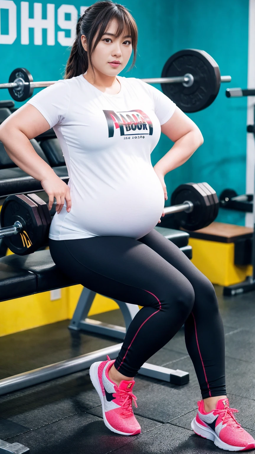german brunette emo, pregnant belly, blue yoga pants and black crop top sport bra
