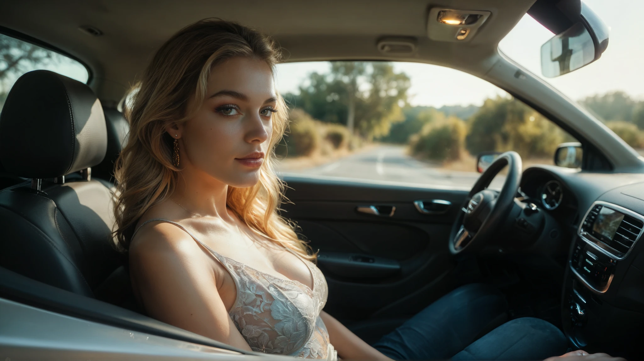 ((masterpiece)), ((highest quality)), 8K, HD, Super detailed, (woman), (White dress with yellow gold trim), (golden hair shawls are scattered), (eyes with closed expression) (sleep in the car 1.6) (Full body display 1.4) 作品はmasterpieceです, Highest quality and attention to detail, Captured in 8K HD. Photographic realistic, realistic, very detailed illustrations realistic, octane rendering