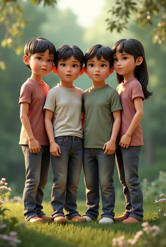 A kid wearing velvet material jumpsuit of a vegtable Bittergourd,
Standing with another ??? wearing a white T shirt and black pant with black shoe
