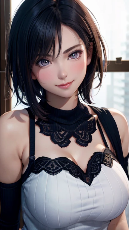 Ultra-high resolution,masterpiece, Attention to detail, highest quality, 4K,Silver braided short bob,(heavy chest,Captivating body、Ultra-detailed skin、Beautiful eyes、Detailed Background),1 girl、looking at the camera、smile, ((I press my cheek against the transparent glass and peer into it.,Pressing the chest))