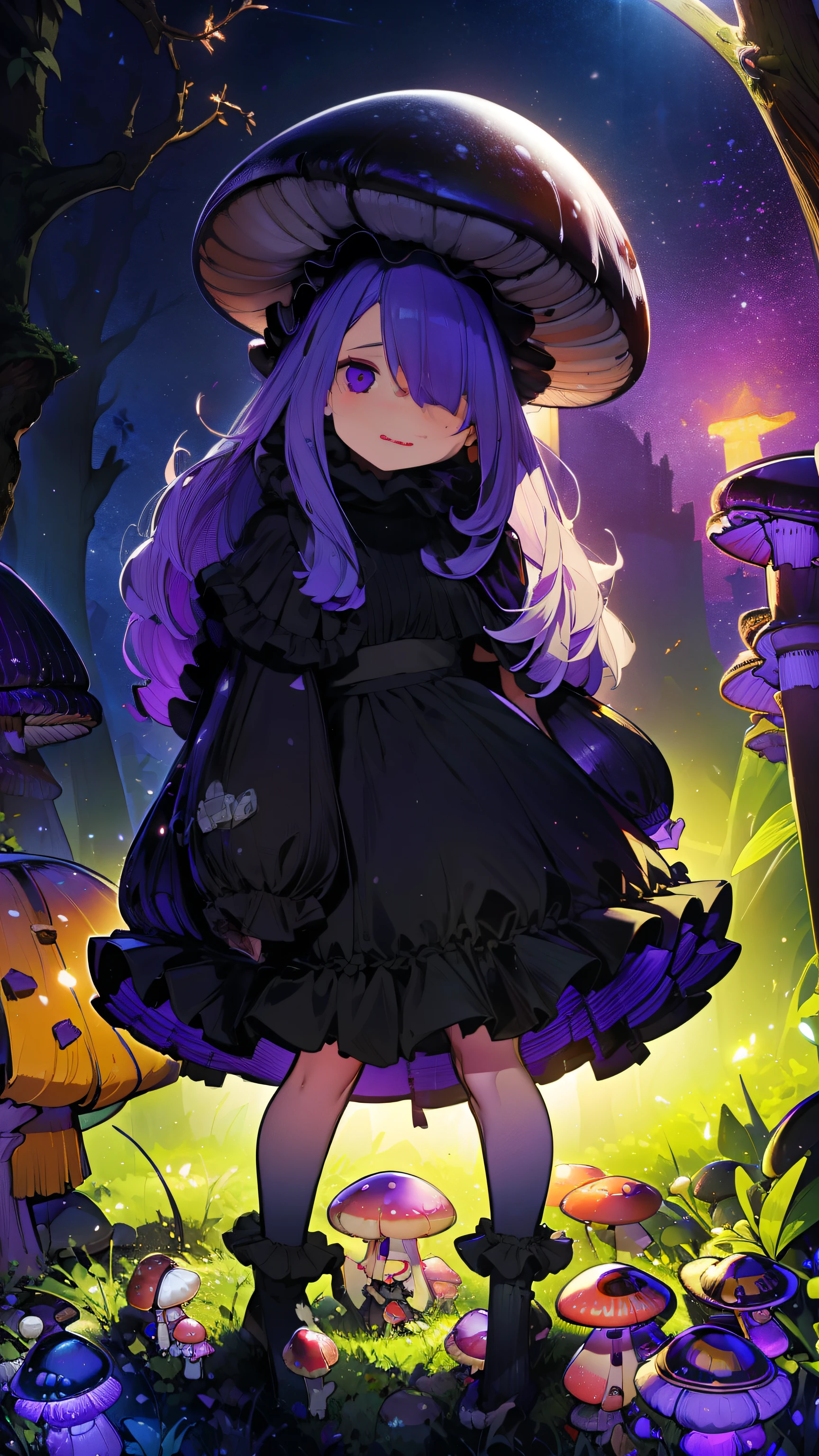 parted lips, bags under eyes, shaded face, crazy smile, simple drawing, standing, full body, mushroom and girl, cute, wavy mouth, covering one eye, black cloak, long cloak, long skirt, maxi skirt, sleeves past wrists, dark-natured, ringed eyes, @_@, purple eyes, dark forest, glowing mushrooms, mushrooms + mushrooms + mushrooms + mushrooms + mushrooms, mushroom on head