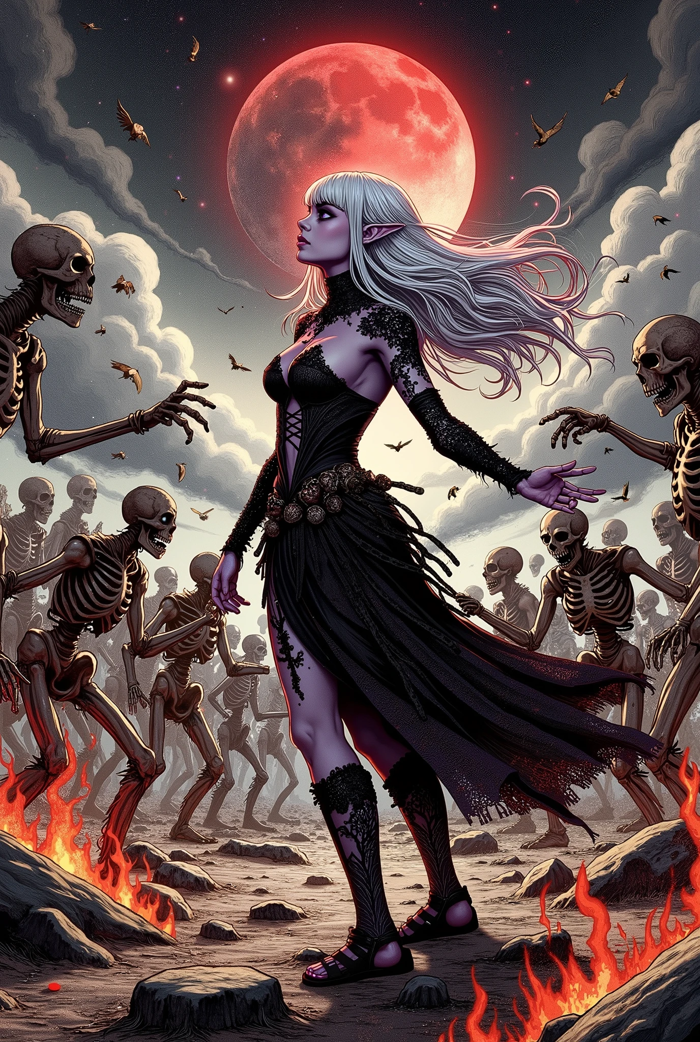 (Ultra-detailed face, Looking away, Gothic Illustration, Dark tone colors. She has five fingers on her hands and five toes on her feet.), BREAK
(The scene depicts a woman looking straight up into the sky from the ground at her feet. The night sky is gray and black with a red moon rising. It is covered in red dust and black gas. Countless mummy monsters surround and attack the wizard.), BREAK
(A female dark elf, a wild mage, turns her back and in a loud voice (“Fireball!” in rough typeface on the screen ), clutching a crystal skull over her back and swinging it at the attacking mummy horde. Countless waterfowl fluff and feathers explode, scatter, and drift across the screen around the skeletons. Legs spread wide back and forth, bodies twist and stomp.), BREAK
(The dark elf woman has white hair, white eyebrows, blunt bangs, very long wavy hair, small pink lips, lavender eyes, clear white skin, and thick eyeliner.), (She wears a tight lace-up dress with a black choker with flame designs and jet-black lace fabric with crimson flame trim. She wears sandals with thin black laces woven into them.)