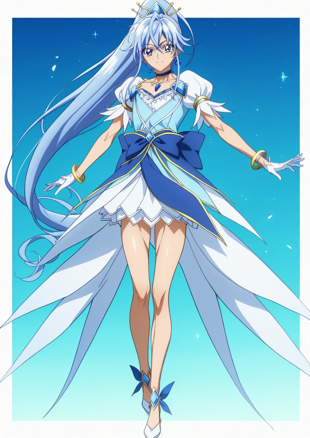 score 9 、score 8 up、score 7 up、source anime、masterpiece、Highest quality、High Resolution、anime coloring、1boy 、cure diamond、(male:1.6)、Close up of a blue-haired boy cartoon character、high long ponytail hair、dia shape hair ornament、Alone、portrait of Magic Boy、 Boy in a White and Blue Dress 、isolated、Long Legged 、Heavenly Aura、Ice Aura、White and blue mini skirt、white puffy sleeves、white gloves、yellow bracelet 、blue waist bow、Bare legs、bare thighs、 white high heels、 Symphogear Flavor 、 Long Dark Blue Haired Boy 、 Prince of Sapphire 、Official Character Art、style of Magic Boy、masculinization、Magic Boy、 Anime Boy 、official art、High Resolution、perfect costume、sparkling Magic Boy、(manly:1.6)、 With Shining Blue Eyes 、perfect body、perfect hands、perfect arms、perfect legs、 male focus、looking at viewer、Alone focus、cowboy shot、(male body:1.6)、beefcake style、blue background、