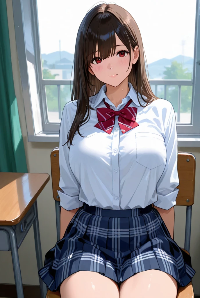 (masterpiece、highest quality)、Beautiful illustrations、Gazing at the viewer、Beautiful thighs、Front view、1 girl、Mature high school girl、A high school girl who looks 25 years old、Shiny skin、(Shoot Hair)、Big eyes、Long eyelashes、very tall、 Beautiful Hair、Beautiful Face、Beautiful Eyes、 Beautiful breasts、Beautiful thighs、Beautiful legs、Beautiful fingers、(((brown knit vest、Short sleeve white collar shirt、Navy Pleated Skirt)))、((Red bow tie))、(In the classroom)、Are standing、((smile))、(((((Skirt lift with both hands、I can see your panties)))))