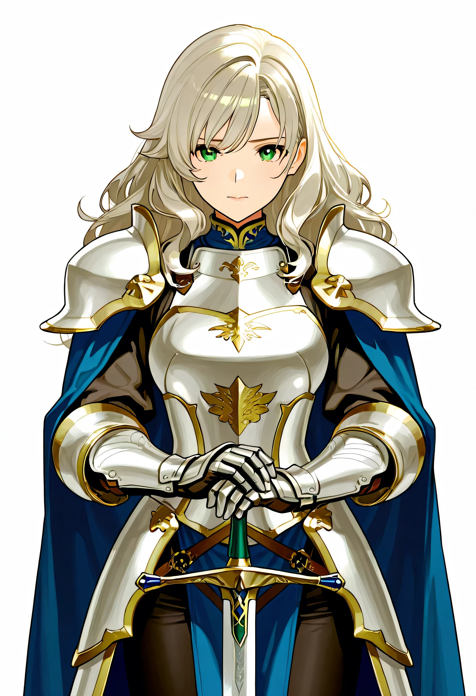 {{masterpiece}}, {{best quality}}, {an extremely delicate and beautiful}, {anime}, extremely detailed wallpaper, super fine illustrations, {{an extremely delicate and beautiful girl}}, beautiful detailed eyes, finely detailed, delicate face, masterwork, 1girl, delicate details, highres, beautiful detailed face, an extremely delicate and beautiful face, intricate detail, complex details, ultra-detailed, highly detailed face.  

A stunning full-body anime girl standing against a pure white background. She has long, flowing platinum blonde hair that glows softly under the light, with strands that delicately sway as if caught in a gentle breeze. Her mesmerizing emerald green eyes radiate warmth and kindness, and her expression carries a serene yet determined look. She wears an elegant knight-inspired outfit, consisting of a white and gold armored bodice with intricate engravings, a flowing royal blue cape, and finely crafted gauntlets. A beautifully designed sword rests in her hands, its hilt adorned with sapphire-like gems. Her pose is powerful yet graceful, exuding the aura of a noble warrior ready to defend her kingdom. The lighting subtly enhances the metallic shine of her armor and the fine texture of her attire, making her look like a legendary heroine from a grand fantasy RPG.