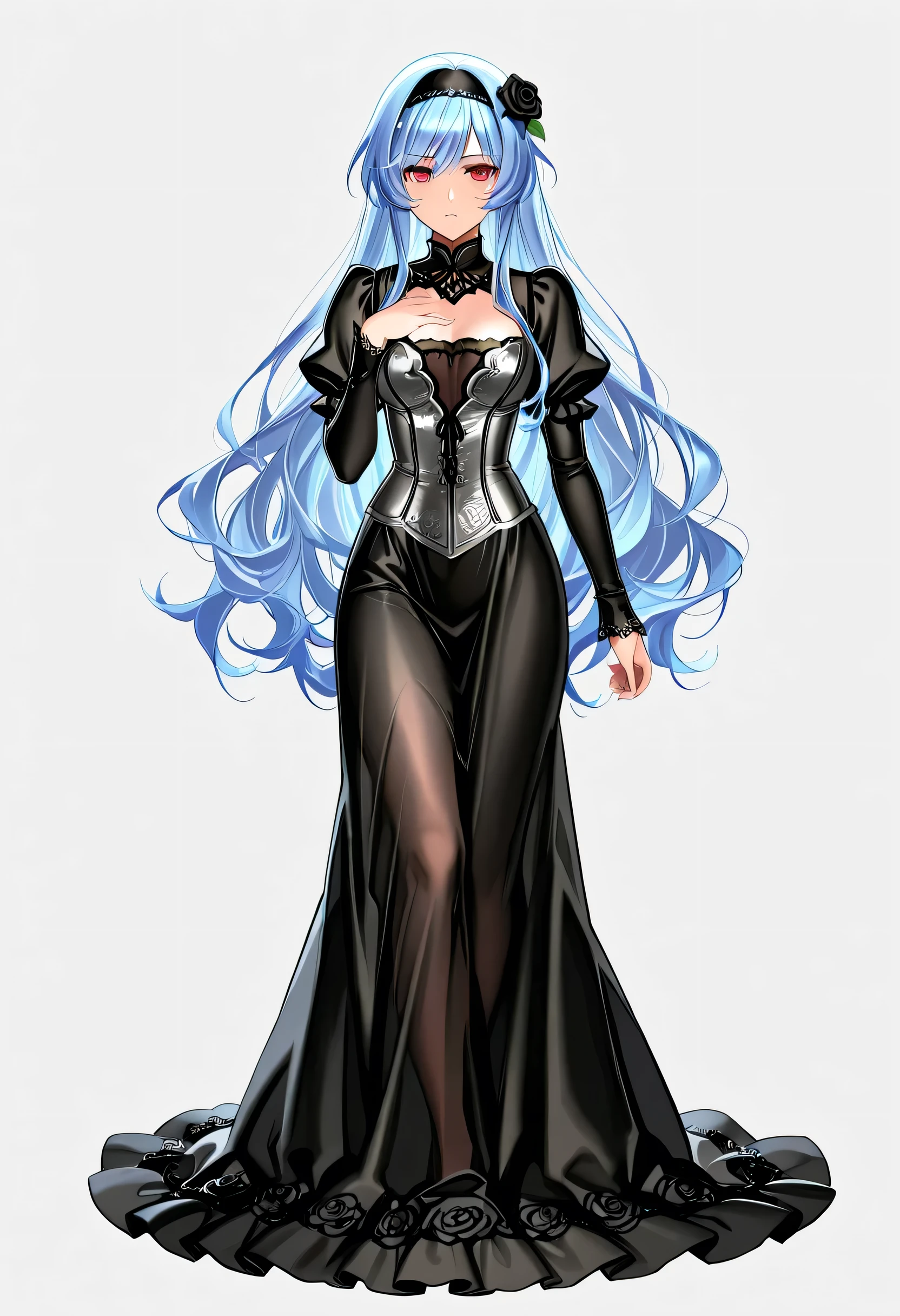 {{masterpiece}}, {{best quality}}, {an extremely delicate and beautiful}, {anime}, extremely detailed wallpaper, super fine illustrations, {{an extremely delicate and beautiful girl}}, beautiful detailed eyes, finely detailed, delicate face, masterwork, 1girl, delicate details, highres, beautiful detailed face, an extremely delicate and beautiful face, intricate detail, complex details, ultra-detailed, highly detailed face. A stunning full-body anime girl standing against a pure white background. She has long, silky midnight-blue hair that cascades down her back, with a few loose strands framing her delicate face. Her deep crimson eyes shimmer with an intense yet mysterious allure, and her expression is both elegant and confident. She wears an intricately designed gothic-style dress with dark lace, subtle silver embroidery, and flowing layers of fine fabric. A small black rose adorns her hair, enhancing her mysterious charm. Her pose is poised yet alluring, with one hand gently touching her chest while the other lightly lifts the edge of her dress. The lighting subtly accentuates the richness of the fabrics and the softness of her skin, making her look like a legendary character from a dark fantasy RPG.